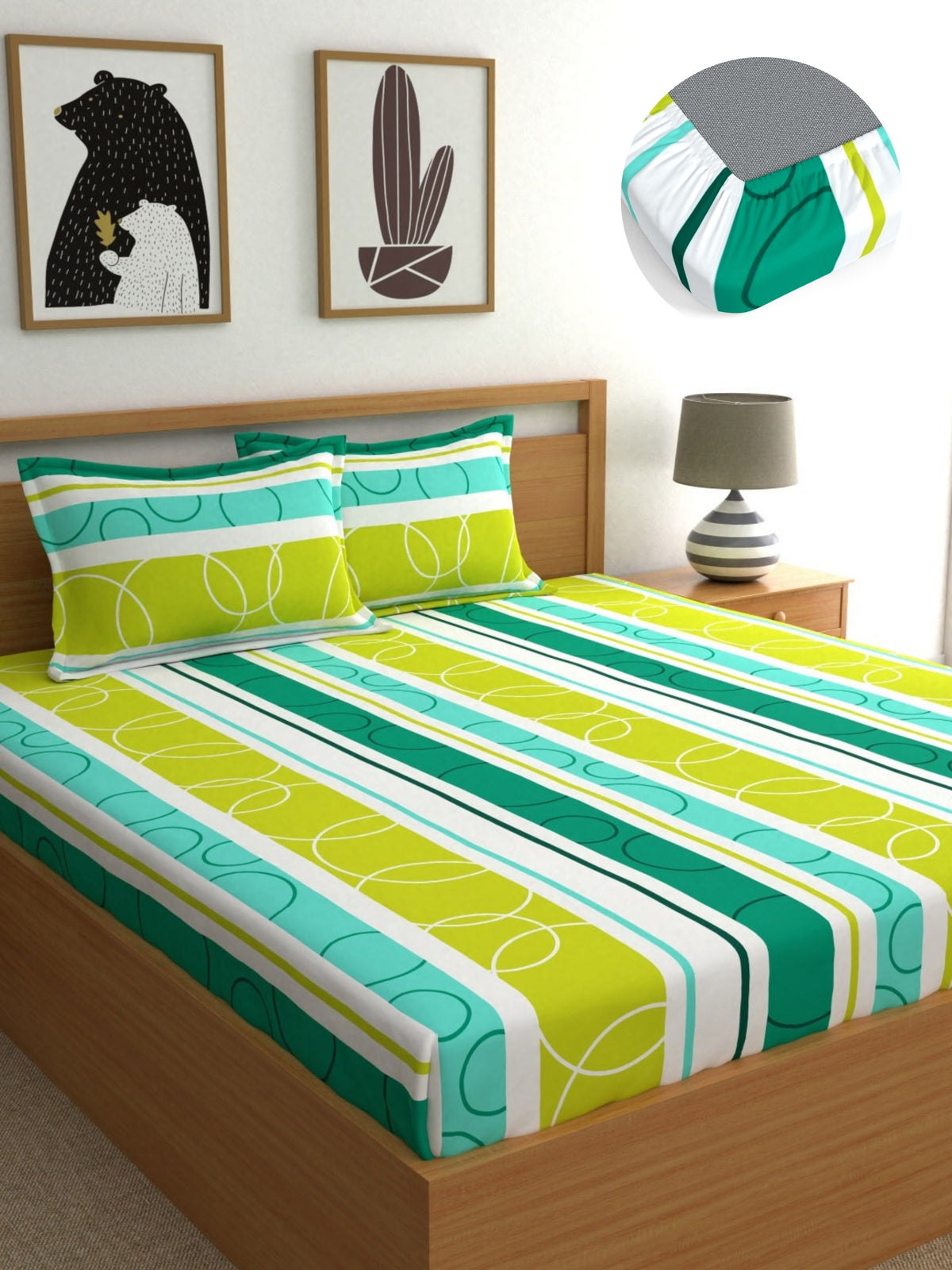 Dreamscape Wrinkle and Fade Resistant 140 GSM Geometric Bedsheet Set - Colour: Green
