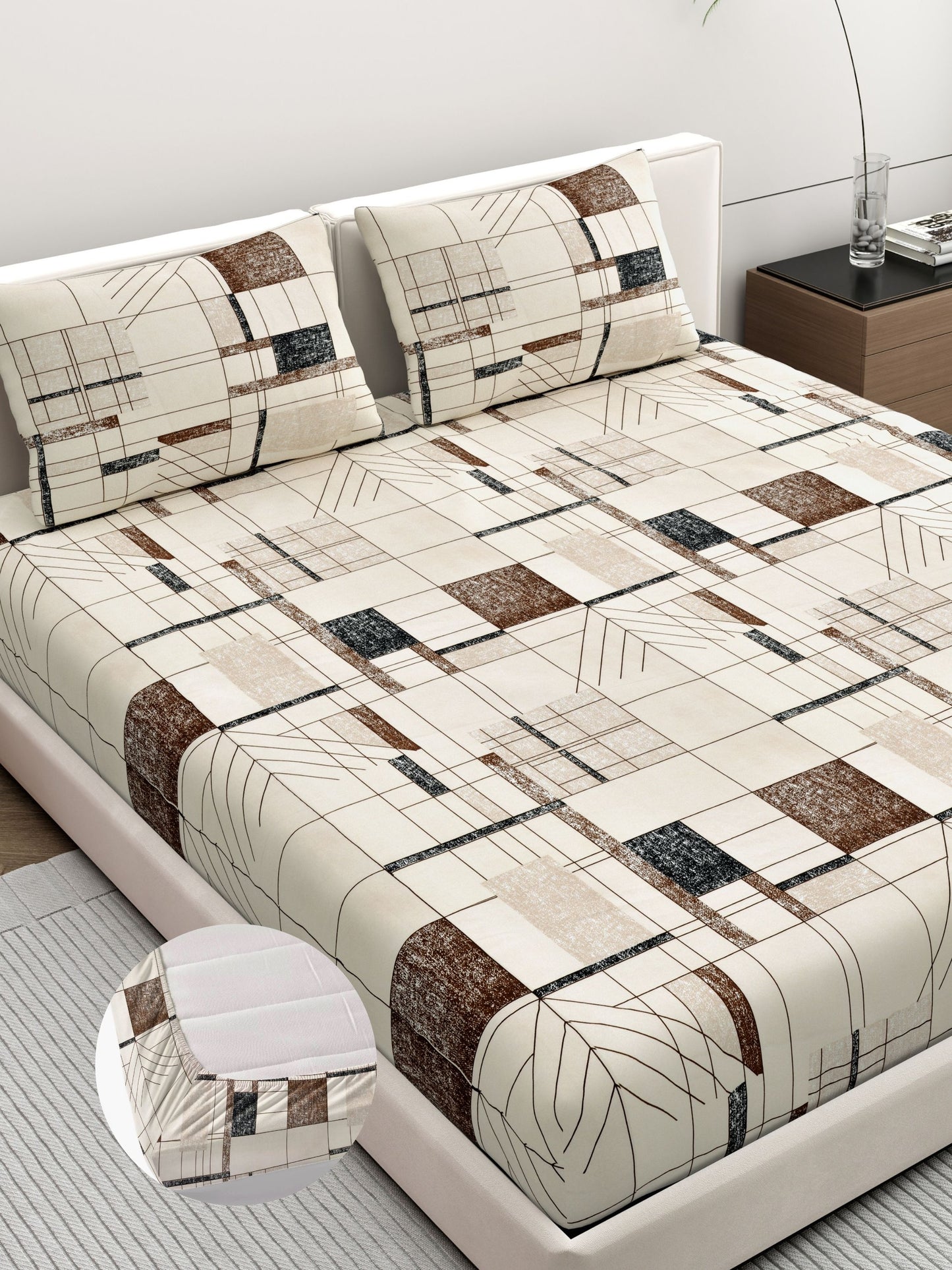 Dreamscape Wrinkle Free Abstract Bedsheet Set | 120 GSM | Beige