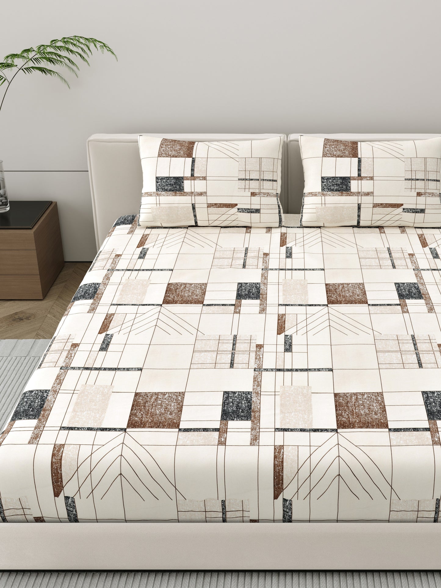 Dreamscape Wrinkle Free Abstract Bedsheet Set | 120 GSM | Beige