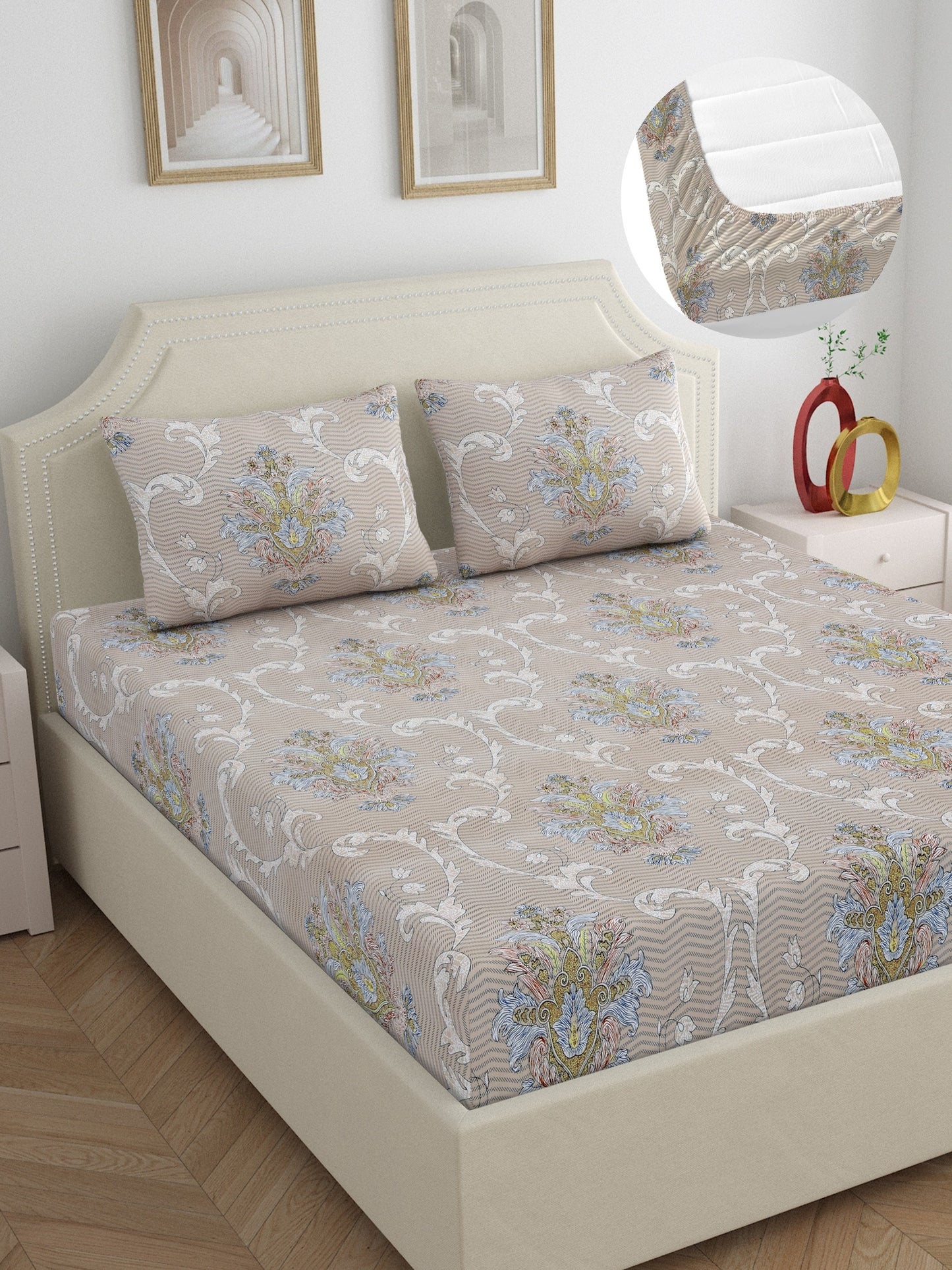 Dreamscape Wrinkle Free Floral Bedsheet Set | 120 GSM | Beige