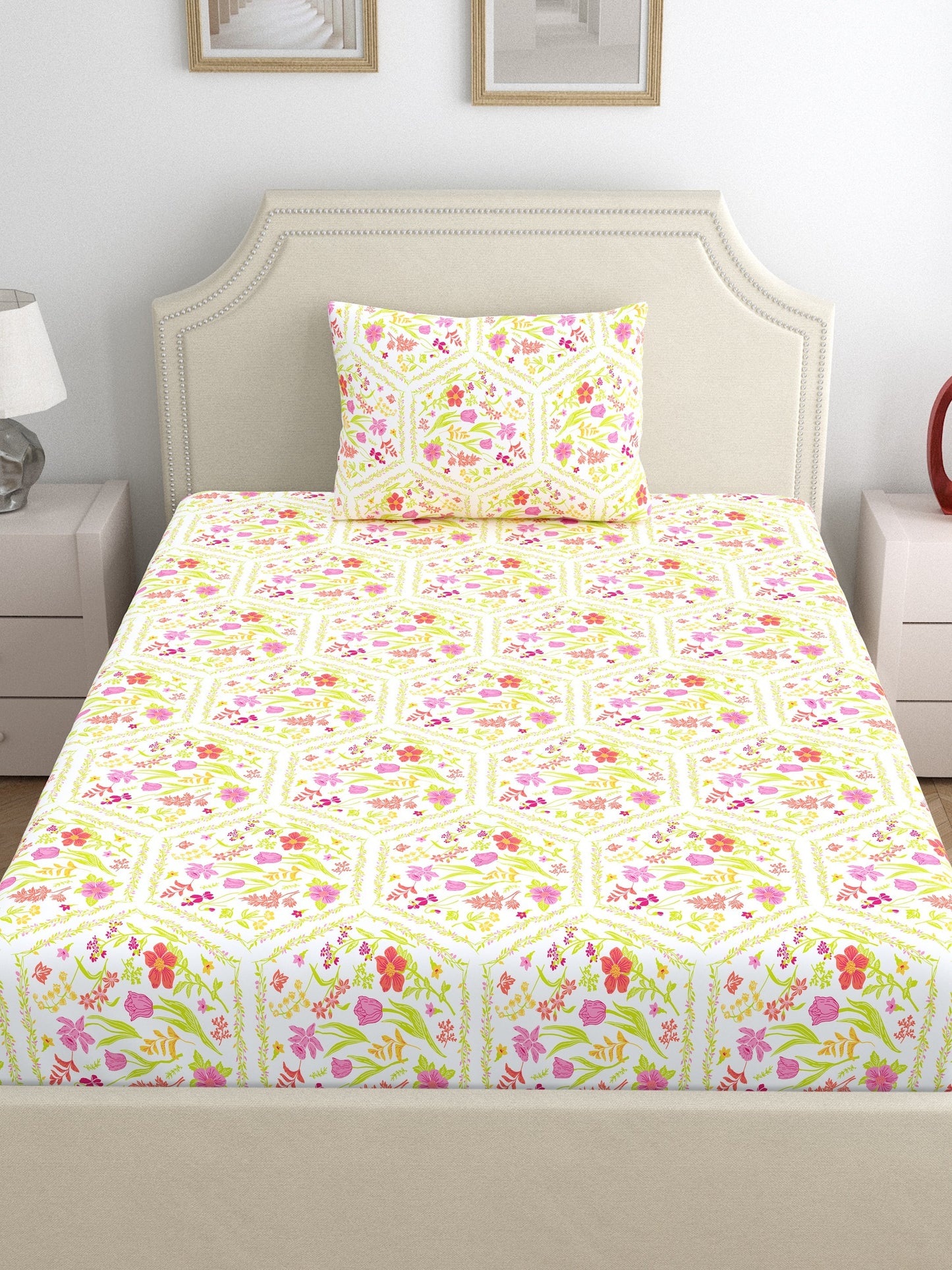 Dreamscape 100% Cotton Floral Bedsheet Set | 140 TC | Pink