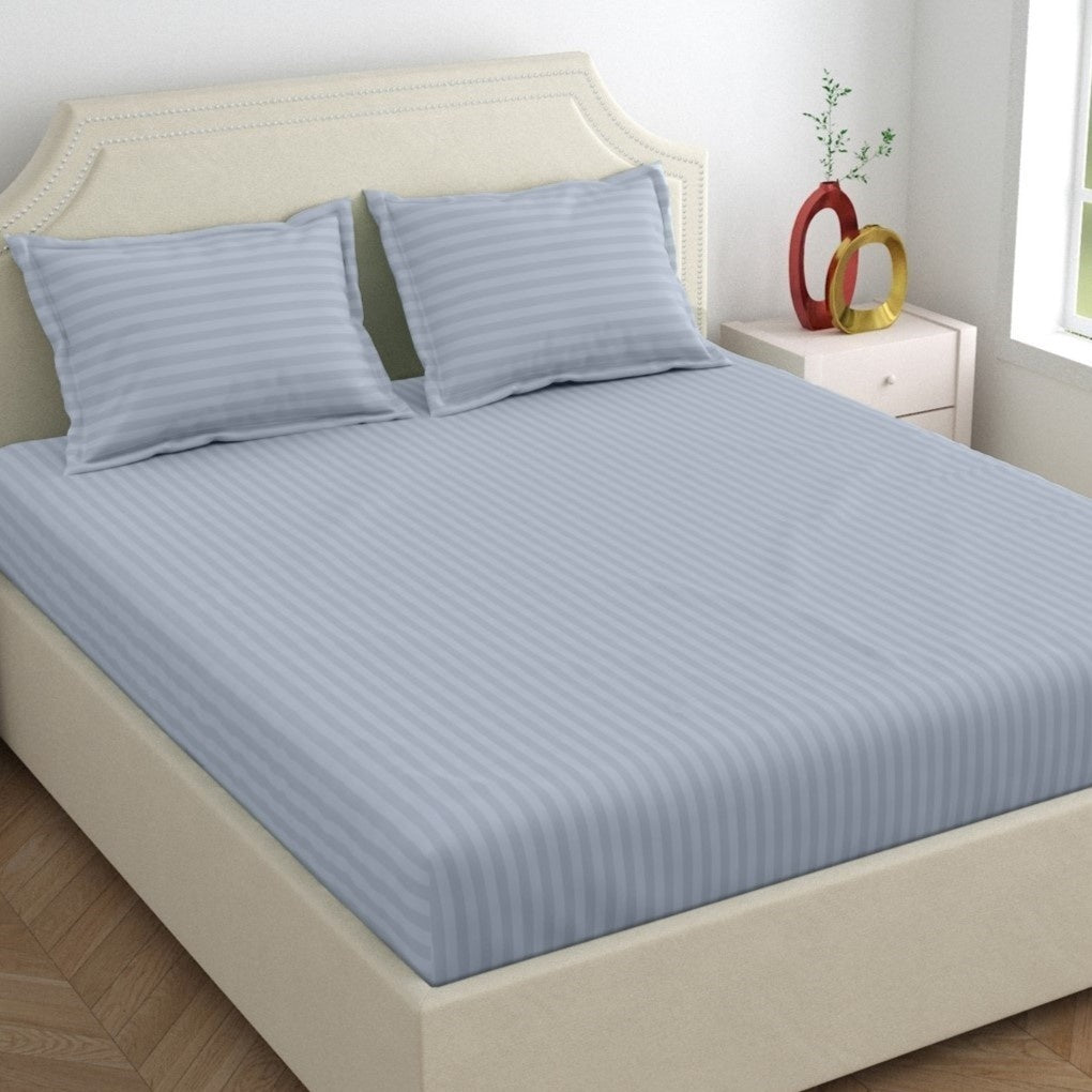 Dreamscape 100% Cotton Stripe Bedsheet Set | 300 TC | Light Grey