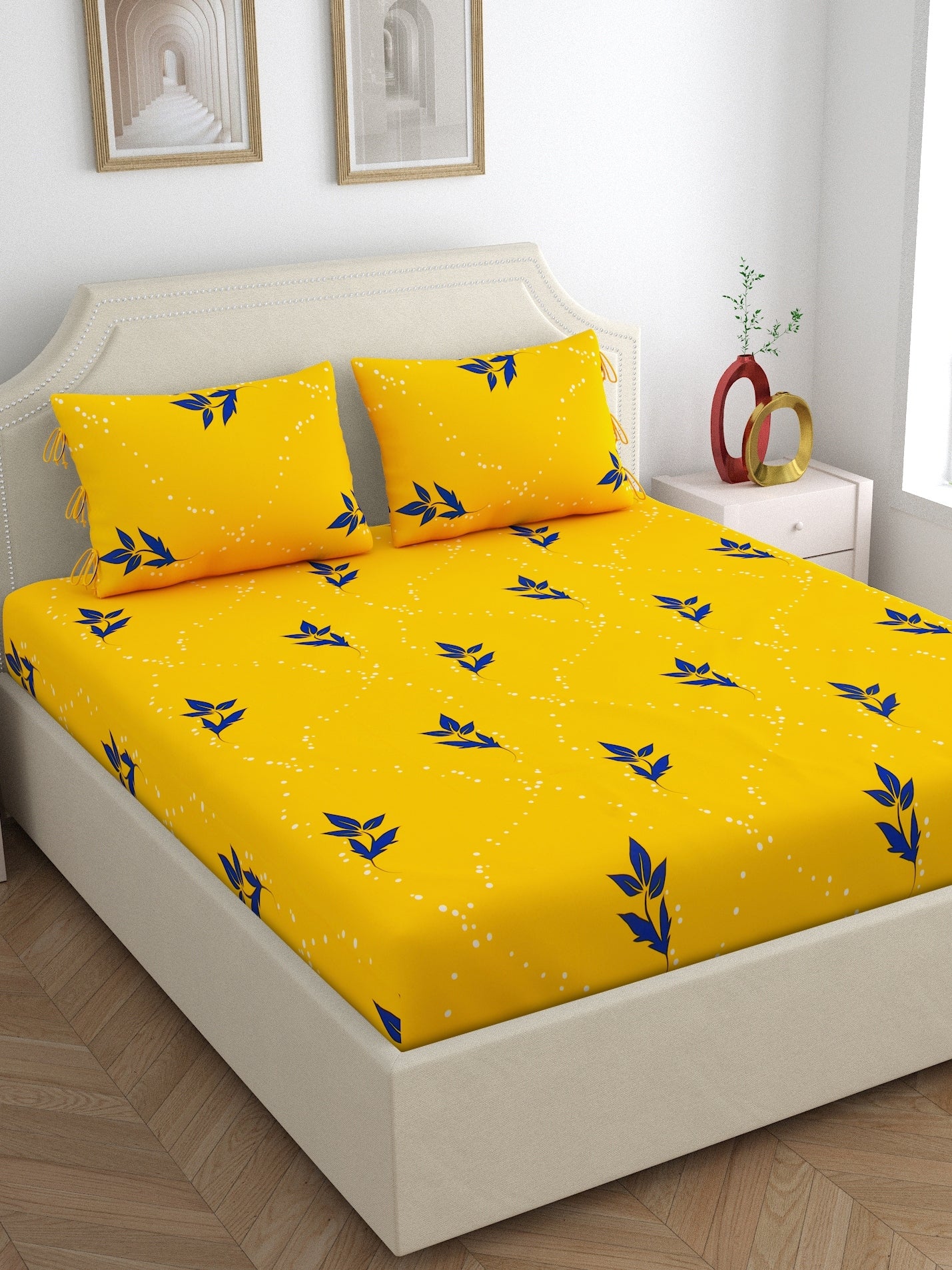 Home Ecstasy 100% Cotton Floral Bedsheet Set | 140 TC | Yellow