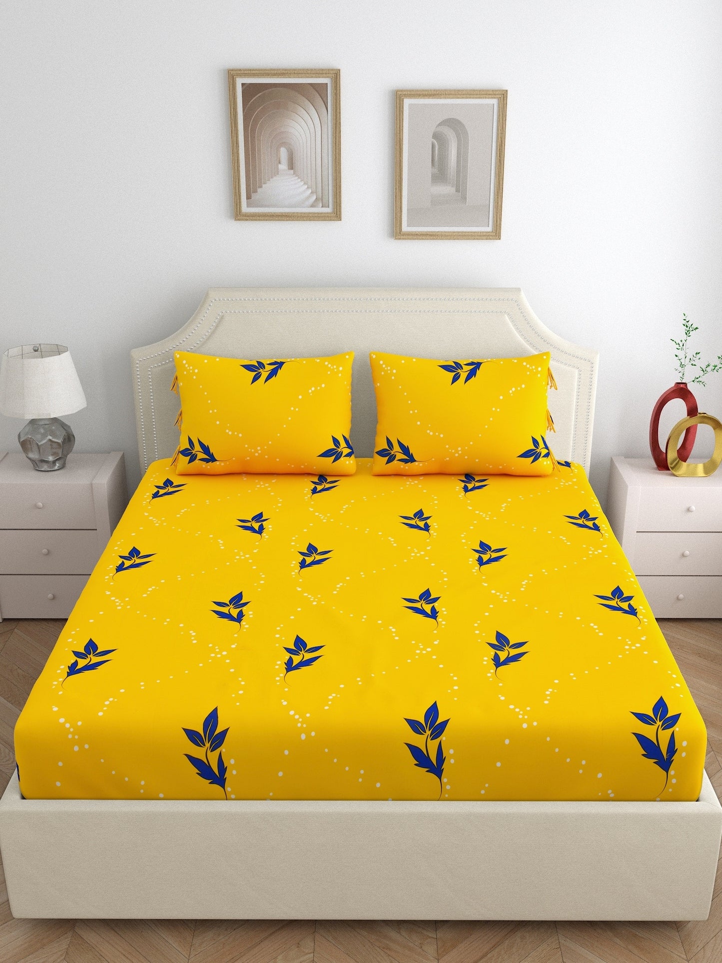 Home Ecstasy 100% Cotton Floral Bedsheet Set | 140 TC | Yellow