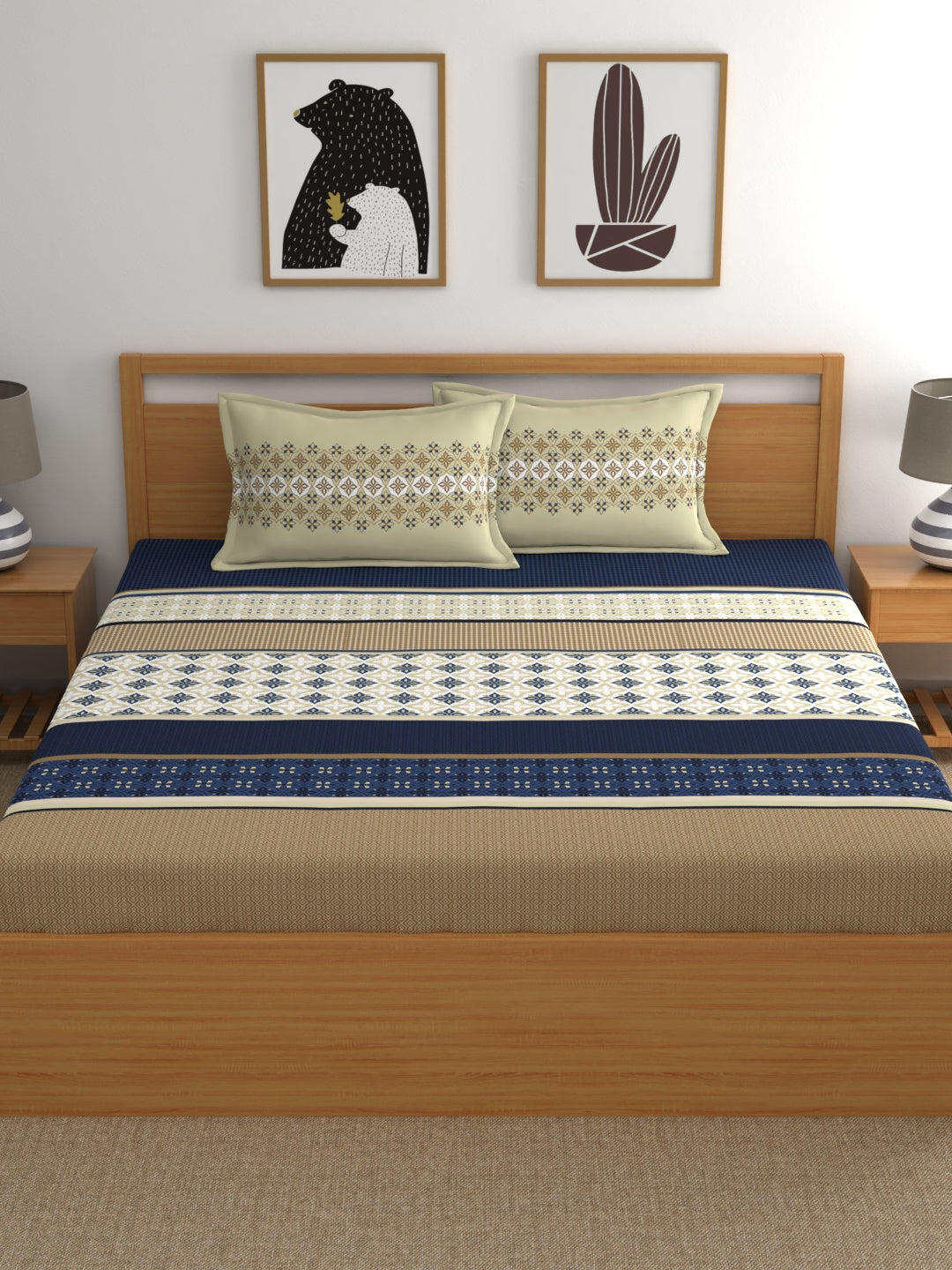 Home Ecstasy 100% Cotton 140 TC Ethnic Bedsheet Set - Colour: Blue