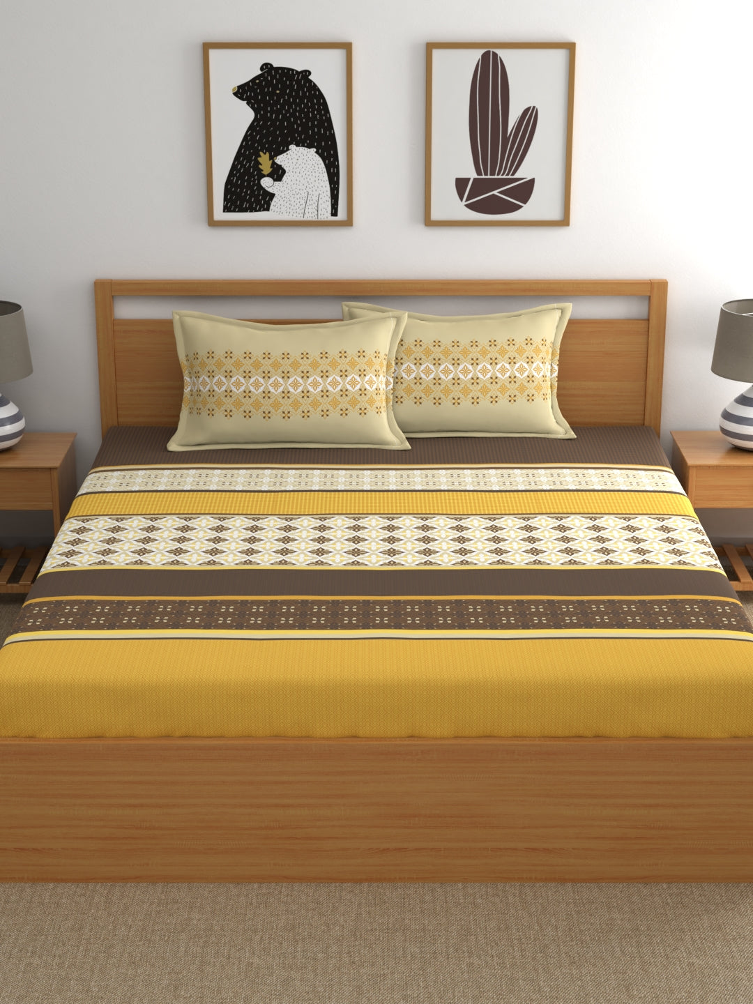 Home Ecstasy 100% Cotton 140 TC Ethnic Bedsheet Set - Colour: Mustard