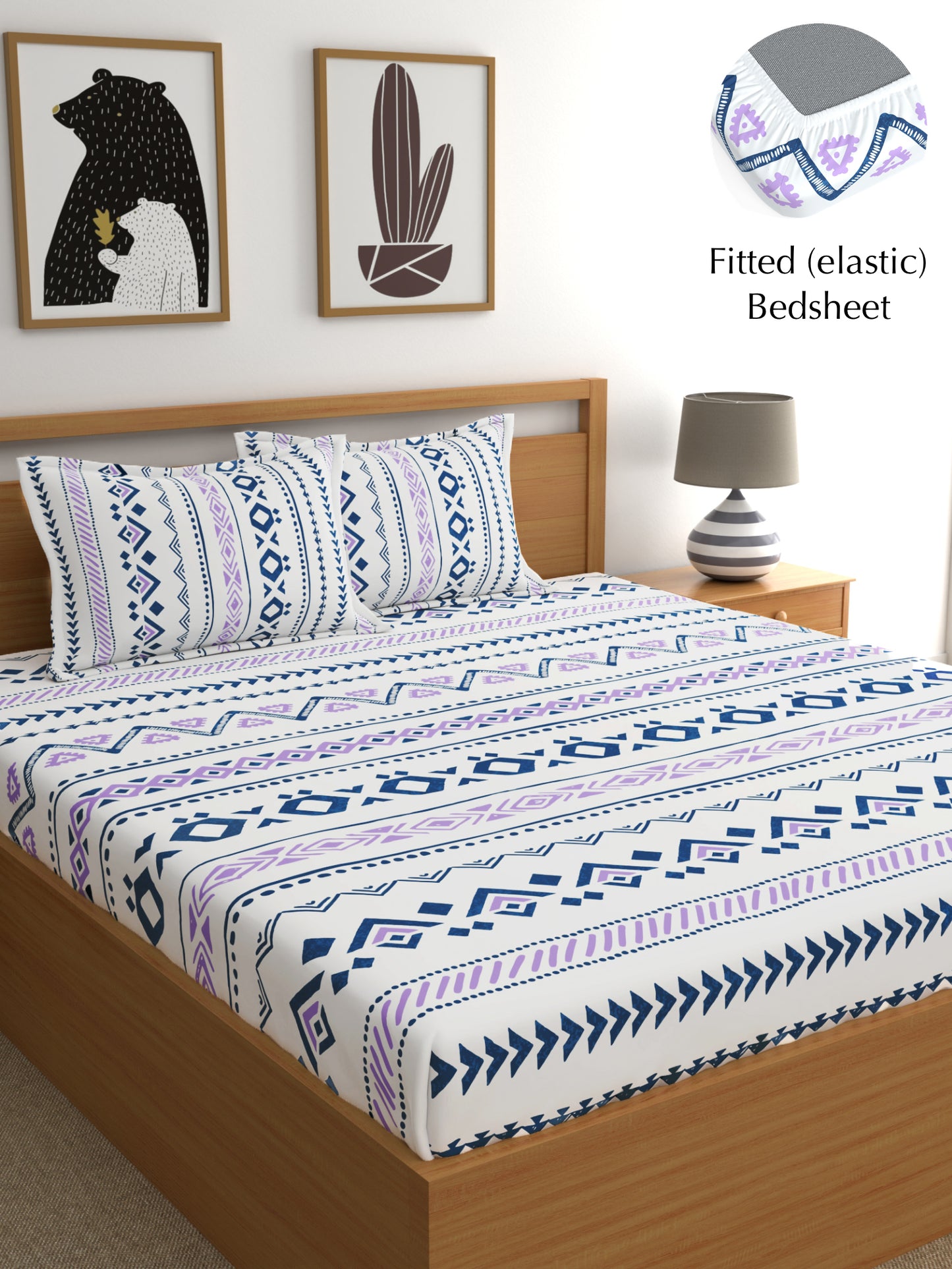 Home Ecstasy 100% Cotton 140 TC Geometric Bedsheet Set - Colour: Purple