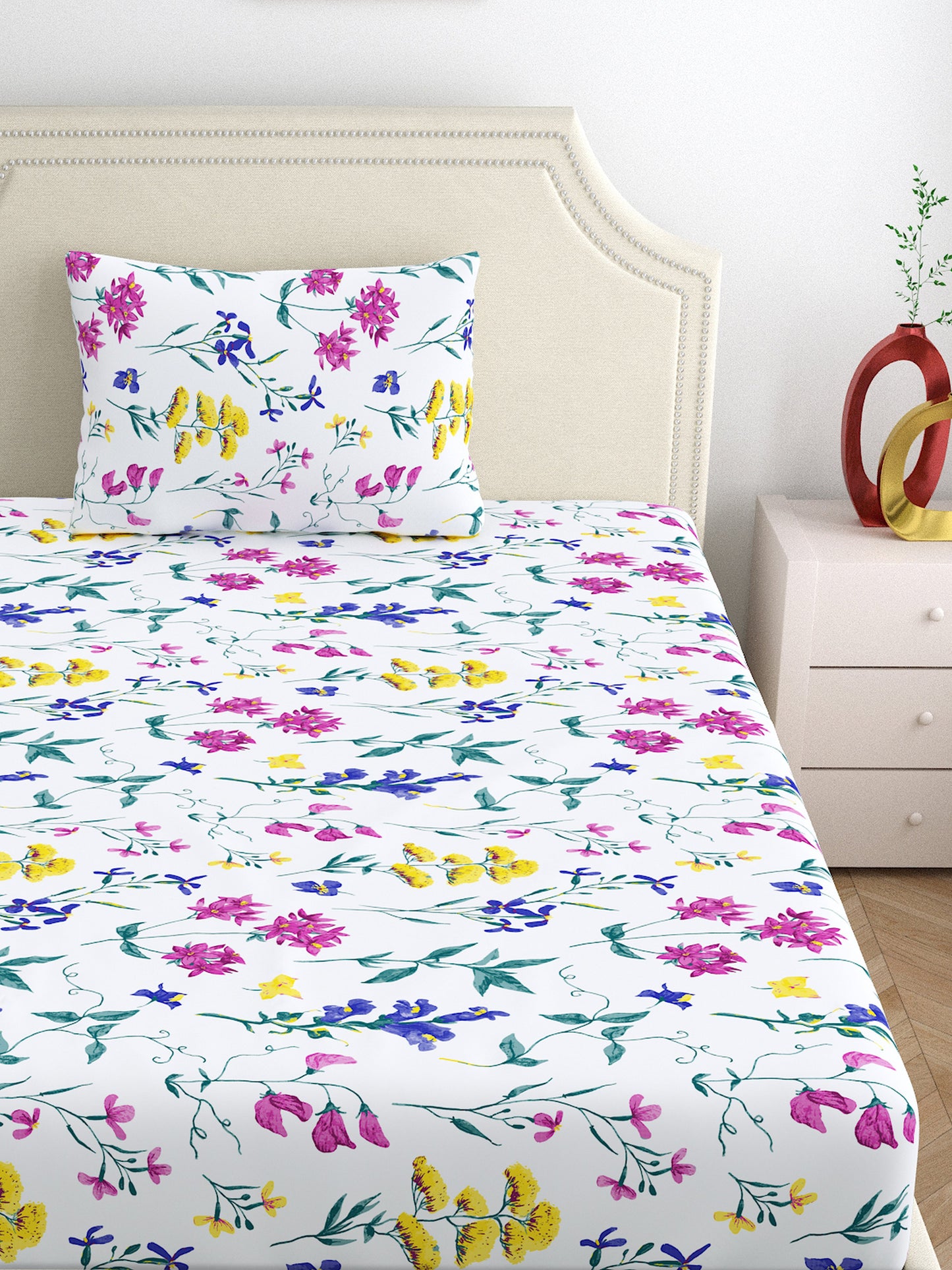 Home Ecstasy 100% Cotton Bedsheets, Floral | 140 TC | Pearl White