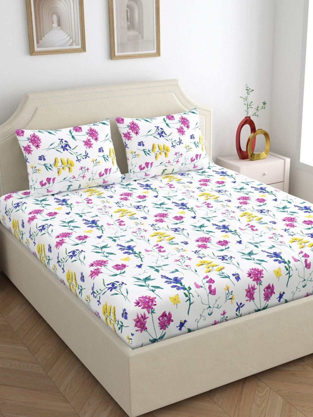 Home Ecstasy 100% Cotton Bedsheets, Floral | 140 TC | Pearl White