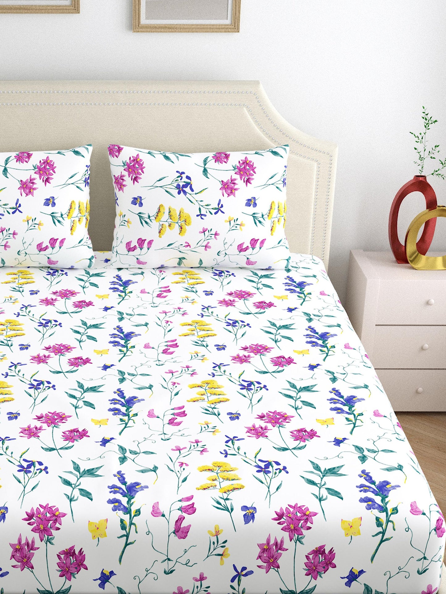 Home Ecstasy 100% Cotton Bedsheets, Floral | 140 TC | Pearl White