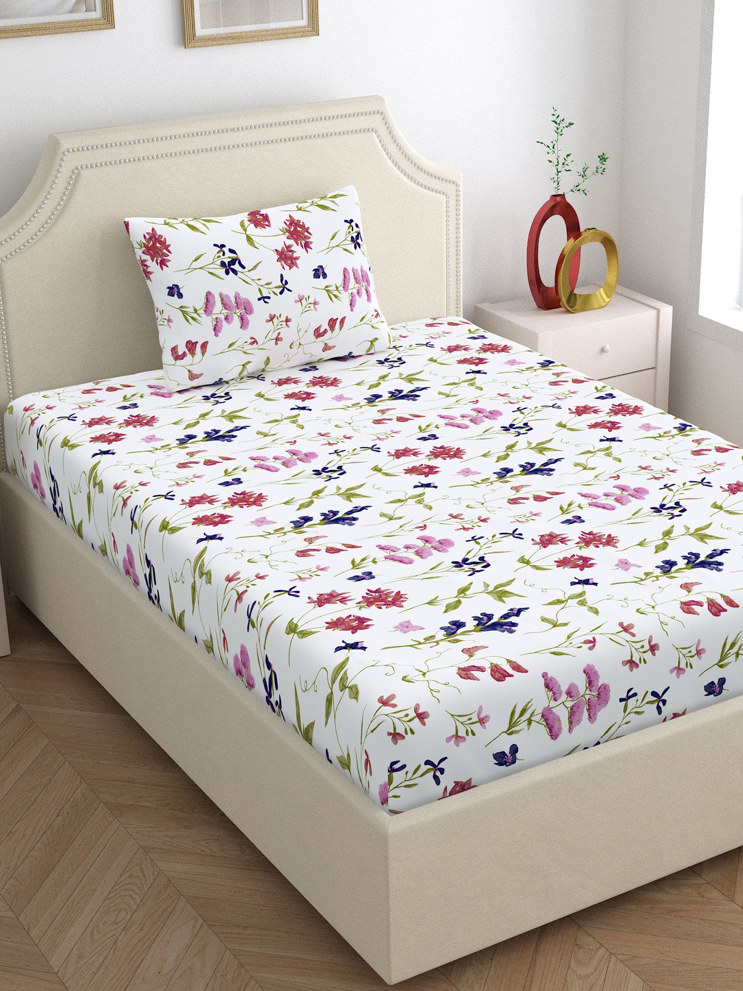 Home Ecstasy 100% Cotton Bedsheets, Floral | 140 TC | White