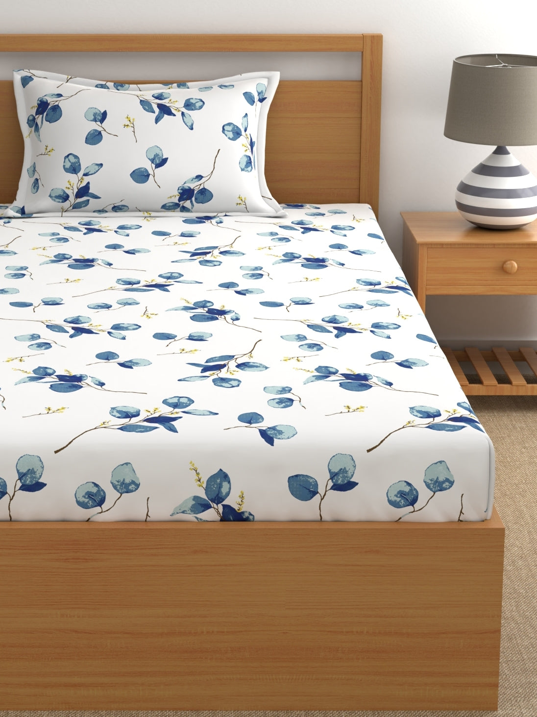 Home Ecstasy 100% Cotton Floral Bedsheet Set | 140 TC | Blue