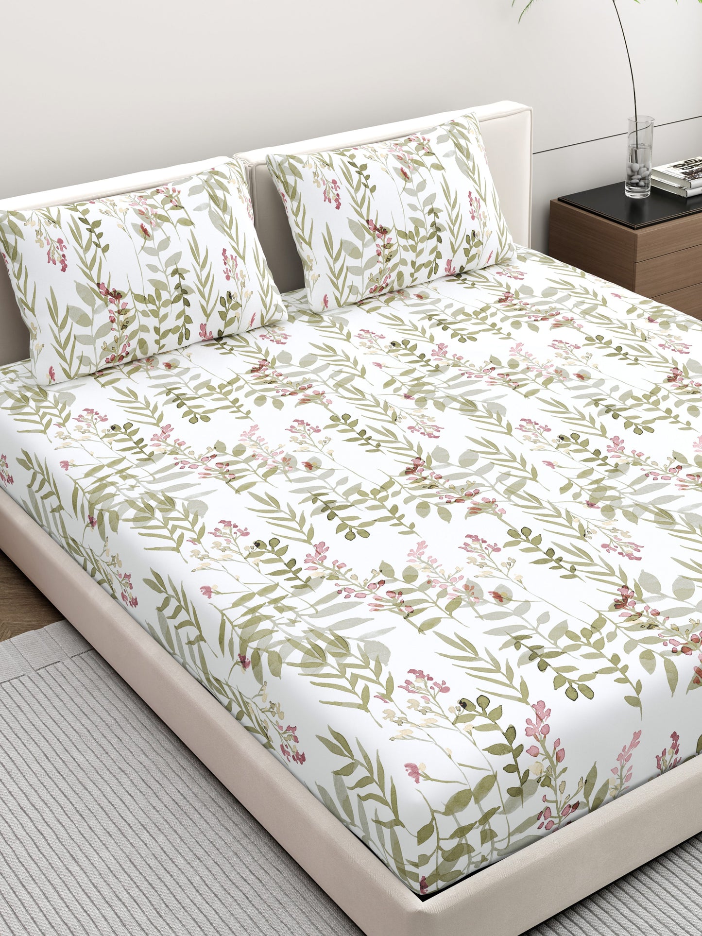 Home Ecstasy 100% Cotton Floral Bedsheet Set | 140 TC | Olive
