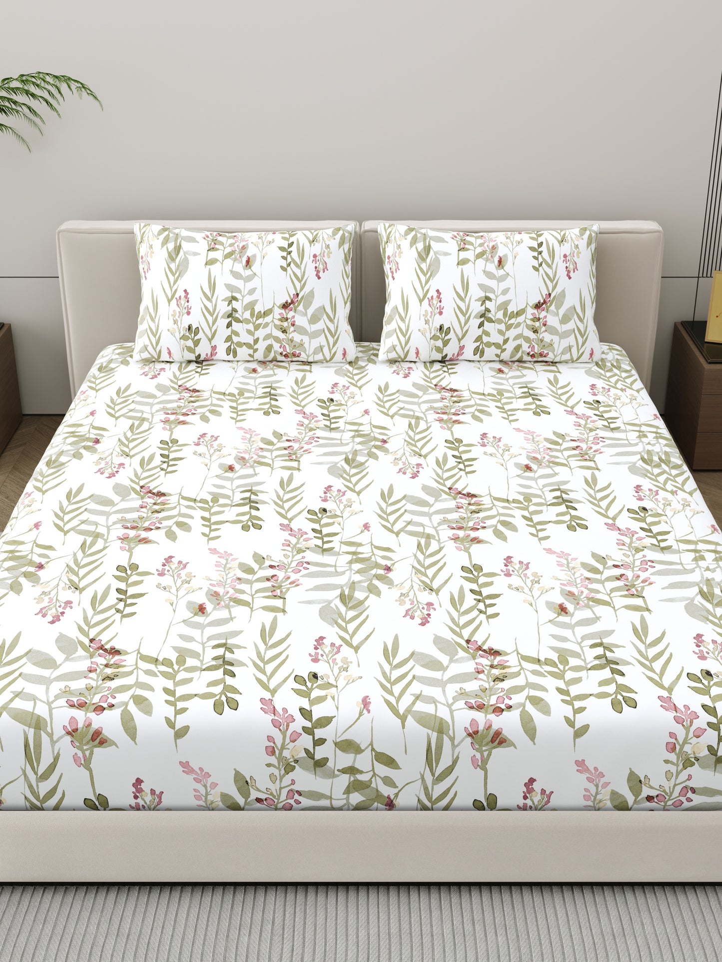 Home Ecstasy 100% Cotton Floral Bedsheet Set | 140 TC | Olive