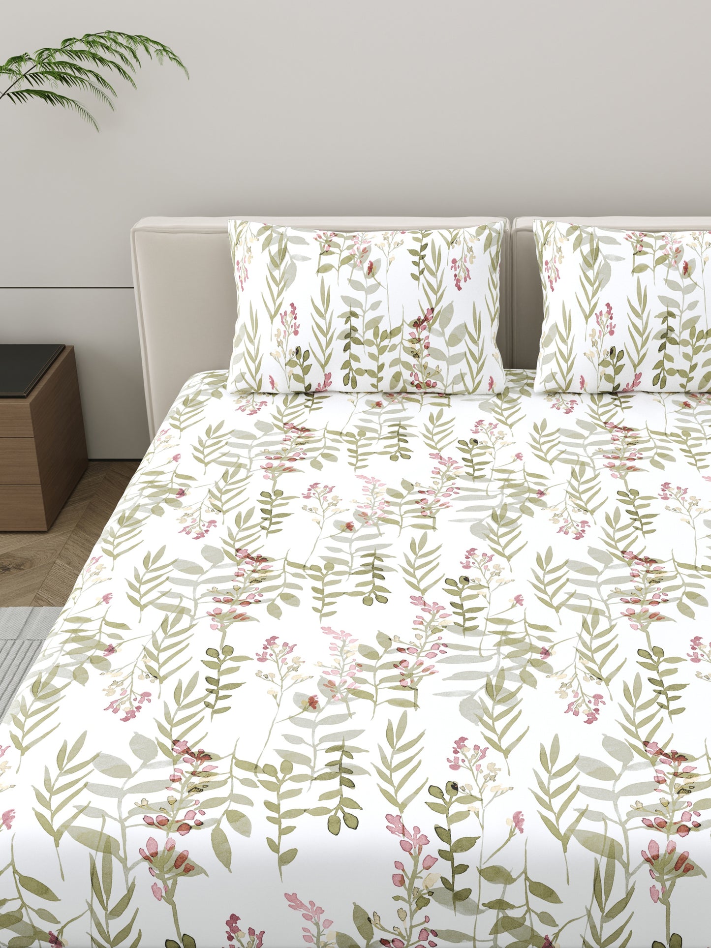 Home Ecstasy 100% Cotton Floral Bedsheet Set | 140 TC | Olive