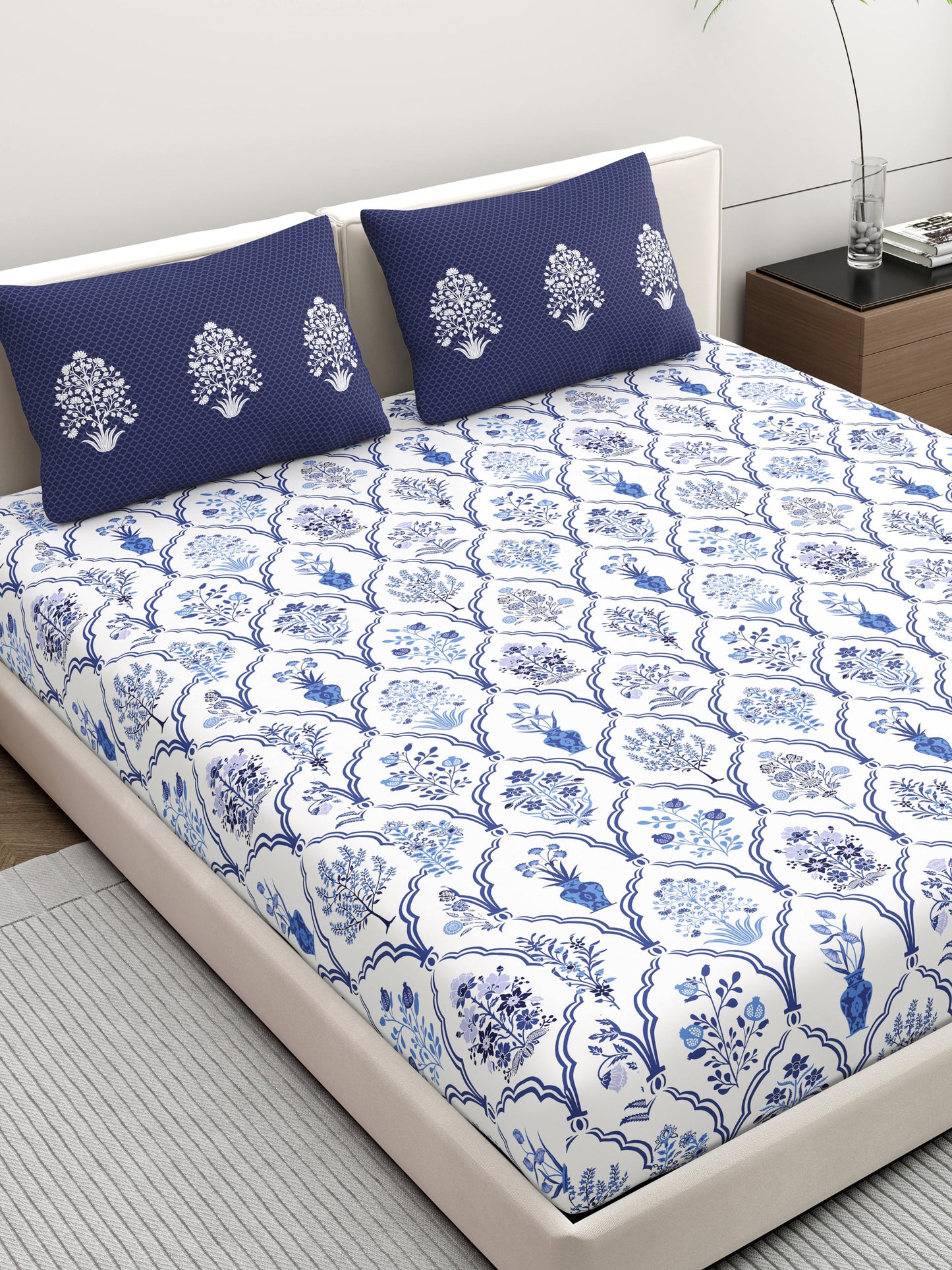 Home Ecstasy 100% Cotton Ethnic Bedsheet Set | 140 TC | Blue