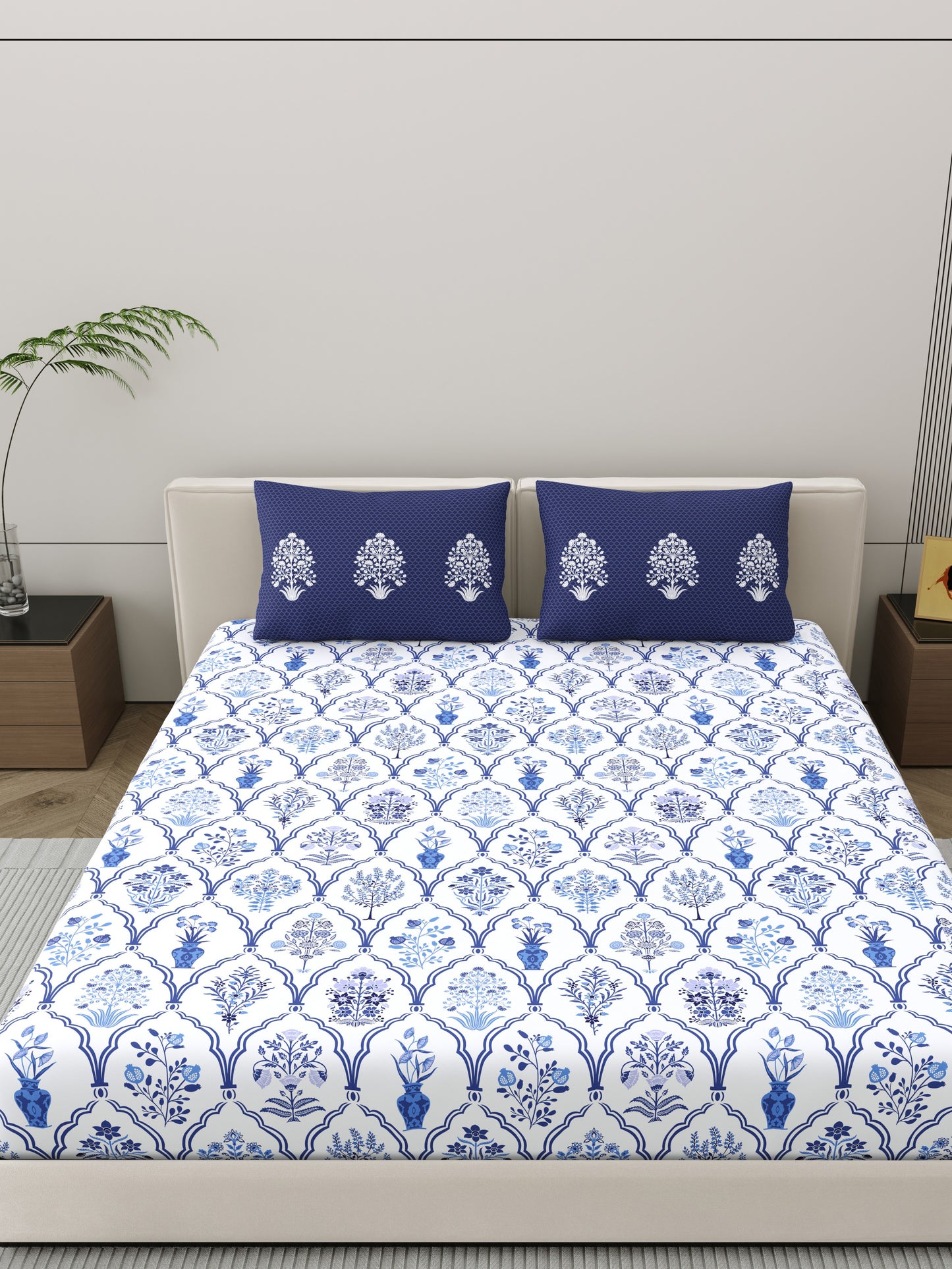 Home Ecstasy 100% Cotton Ethnic Bedsheet Set | 140 TC | Blue