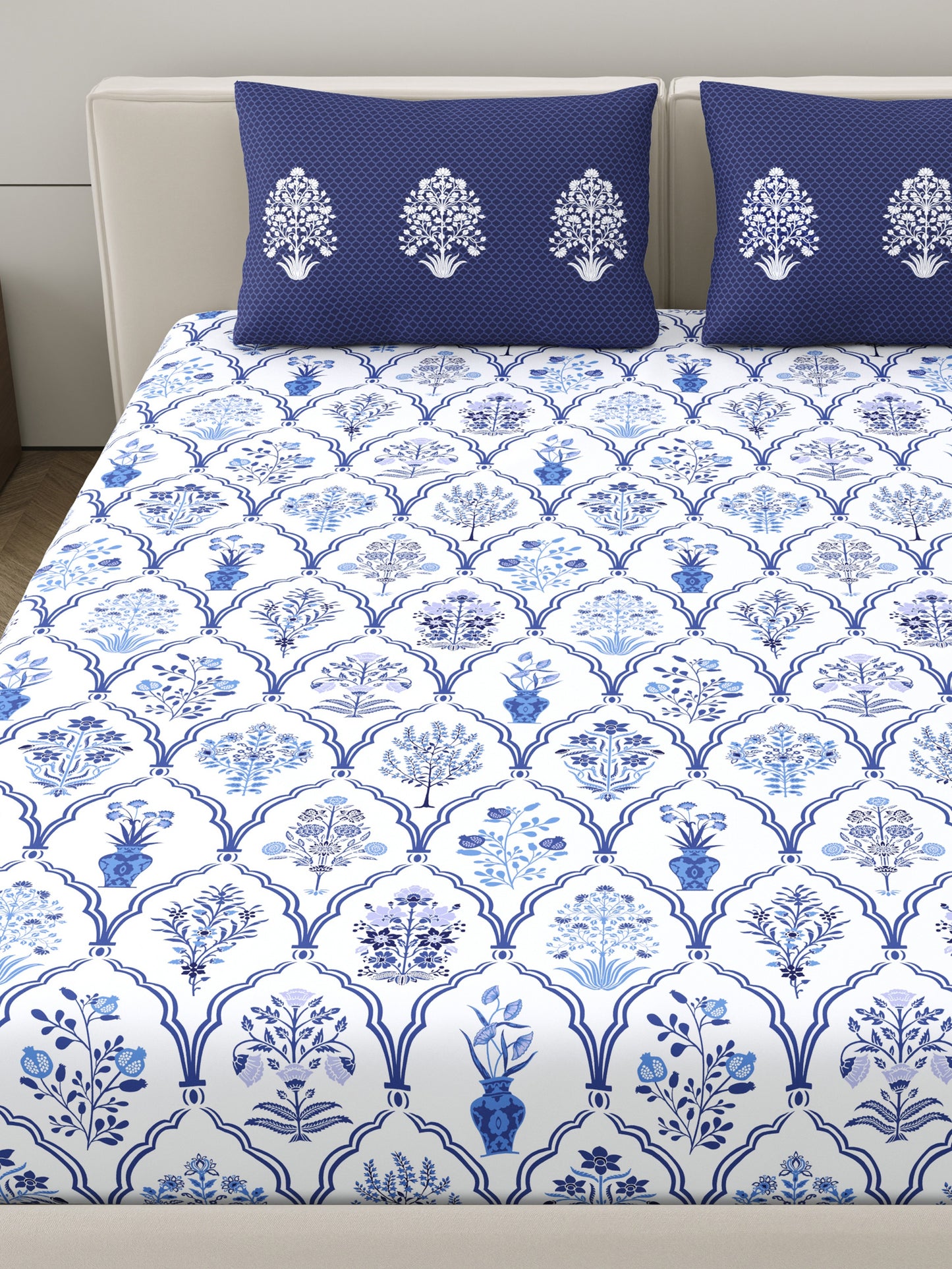 Home Ecstasy 100% Cotton Ethnic Bedsheet Set | 140 TC | Blue