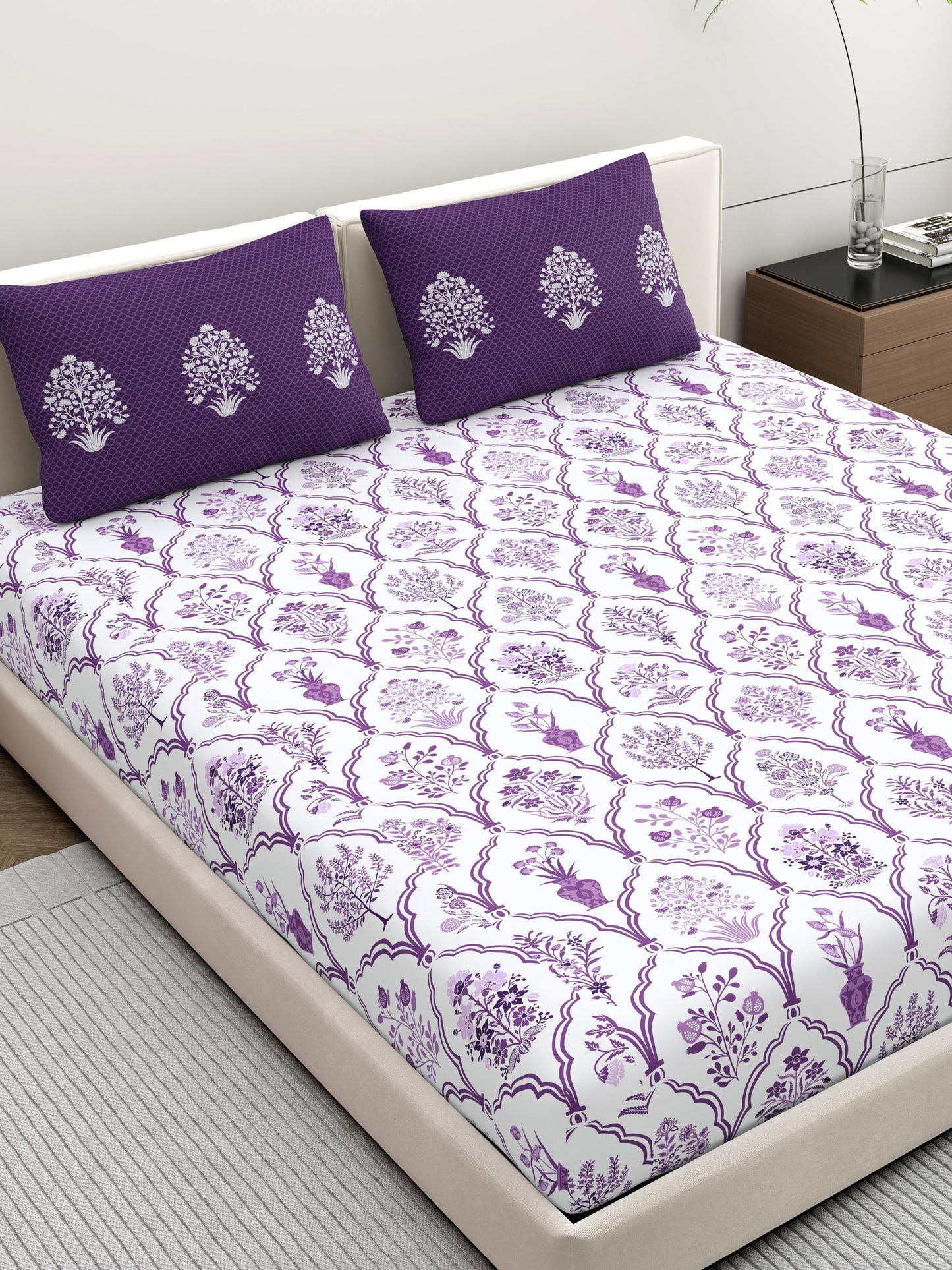 Home Ecstasy 100% Cotton Ethnic Bedsheet Set | 140 TC | Purple