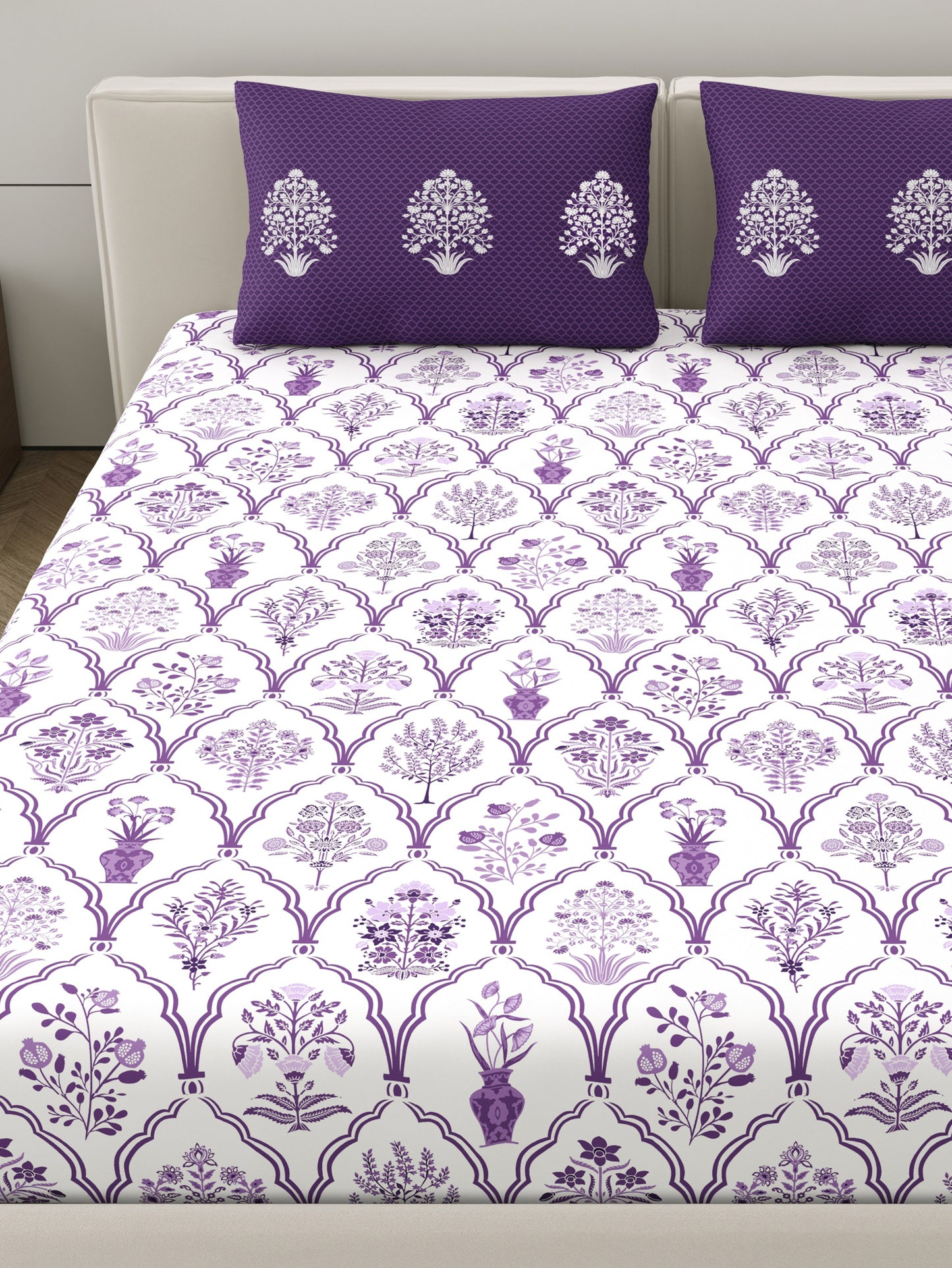 Home Ecstasy 100% Cotton Ethnic Bedsheet Set | 140 TC | Purple
