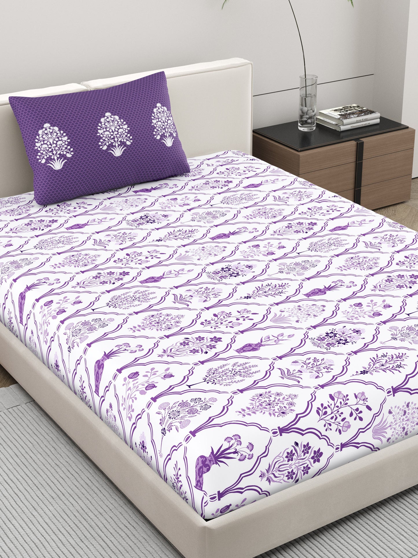 Home Ecstasy 100% Cotton Ethnic Bedsheet Set | 140 TC | Purple