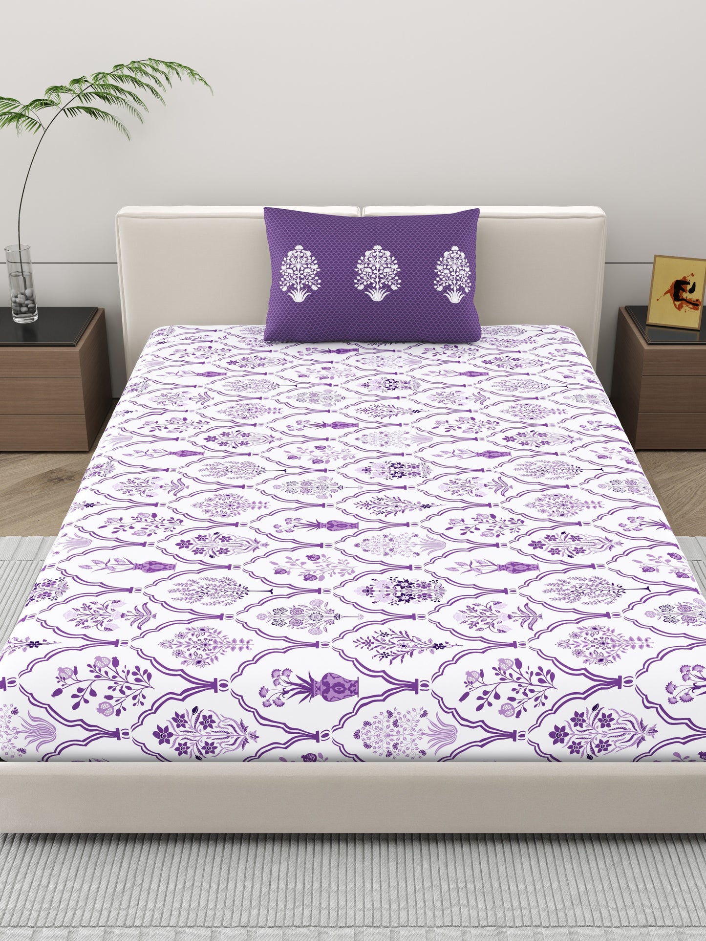 Home Ecstasy 100% Cotton Ethnic Bedsheet Set | 140 TC | Purple