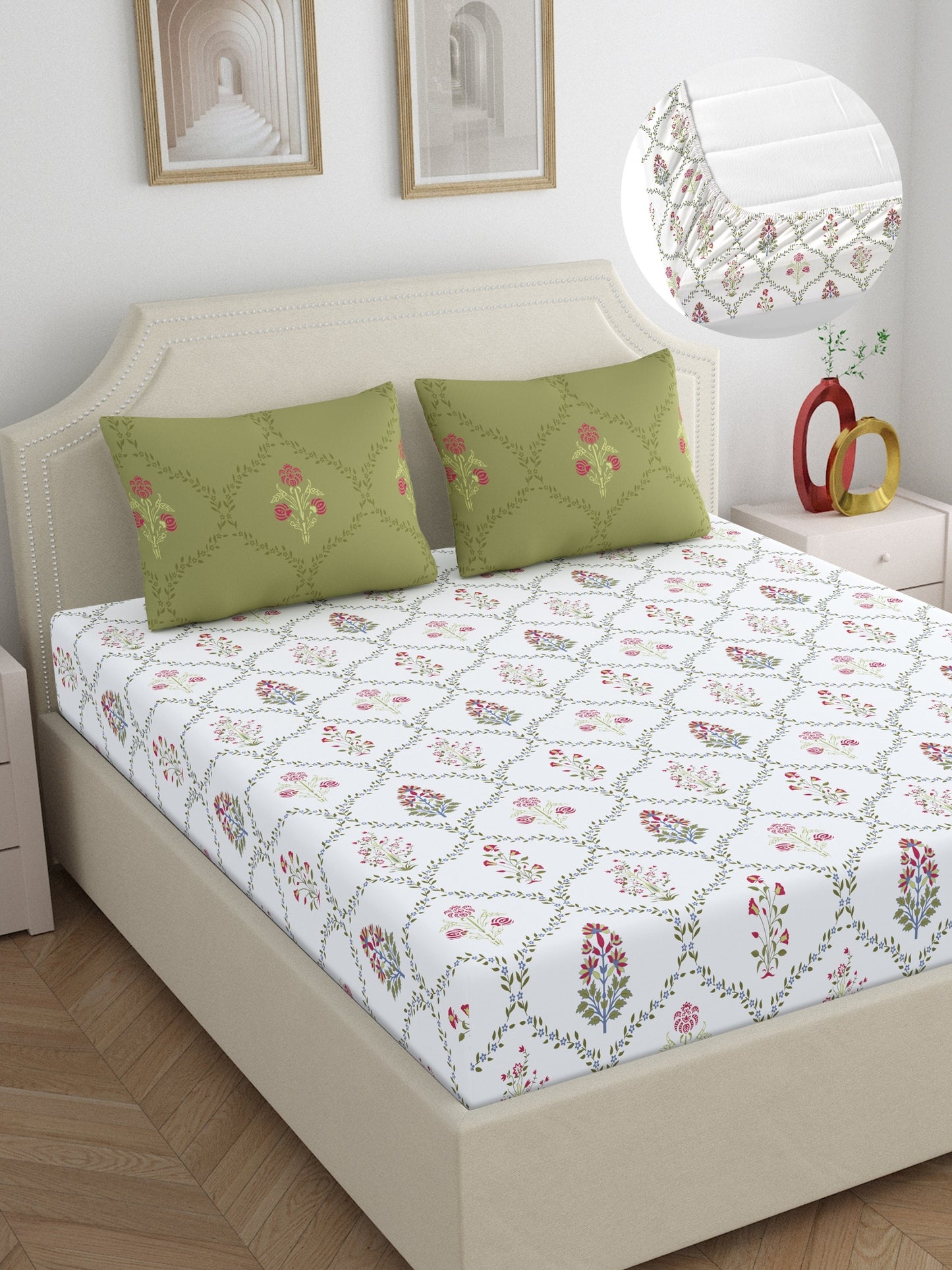 Home Ecstasy 100% Cotton Floral Bedsheet Set | 140 TC | Green