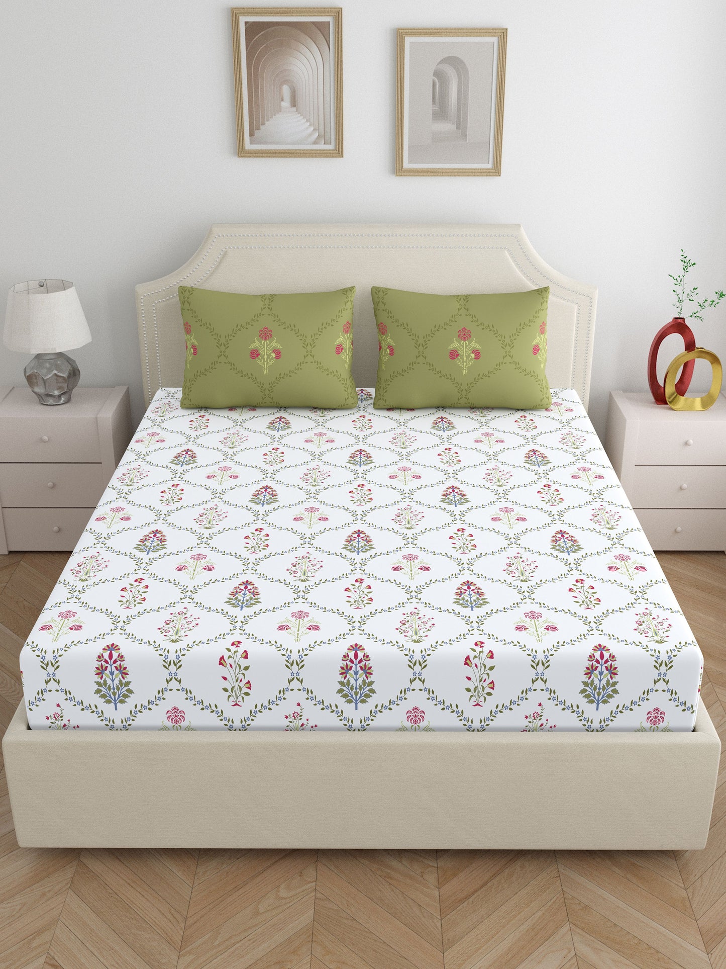 Home Ecstasy 100% Cotton Floral Bedsheet Set | 140 TC | Green