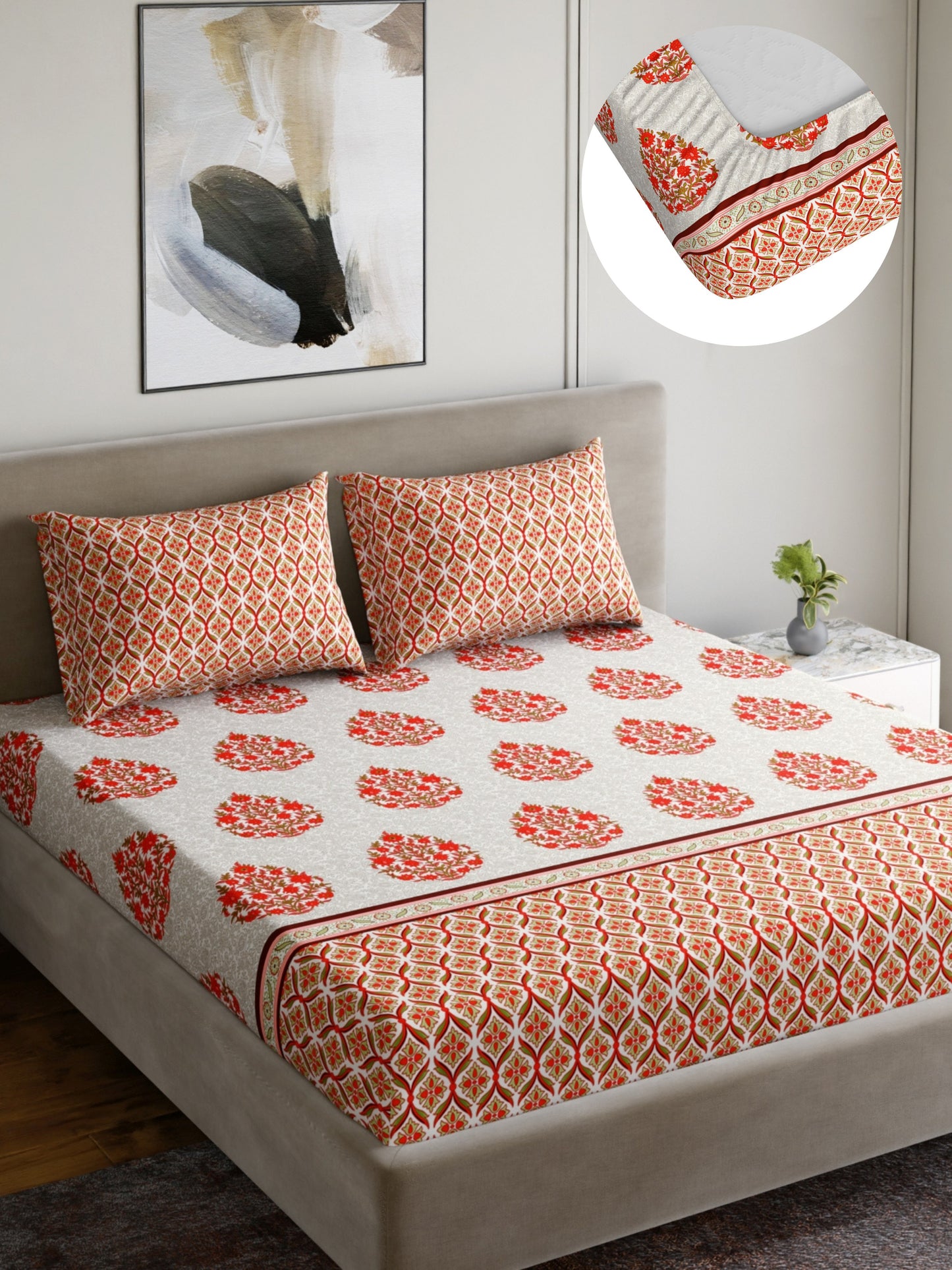 Home Ecstasy 100% Cotton 140 TC Floral Bedsheet Set - Colour: Red