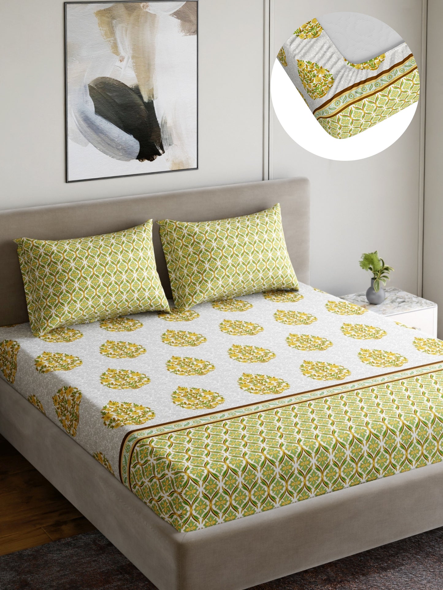 Home Ecstasy 100% Cotton 140 TC Floral Bedsheet Set - Colour: Green