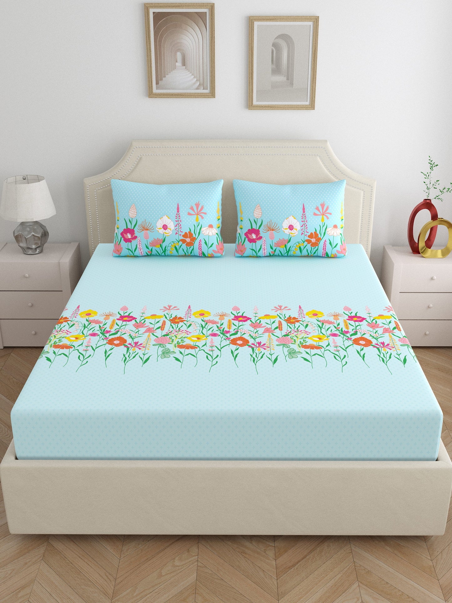 Home Ecstasy 100% Cotton Floral Bedsheet Set | 140 TC | Blue