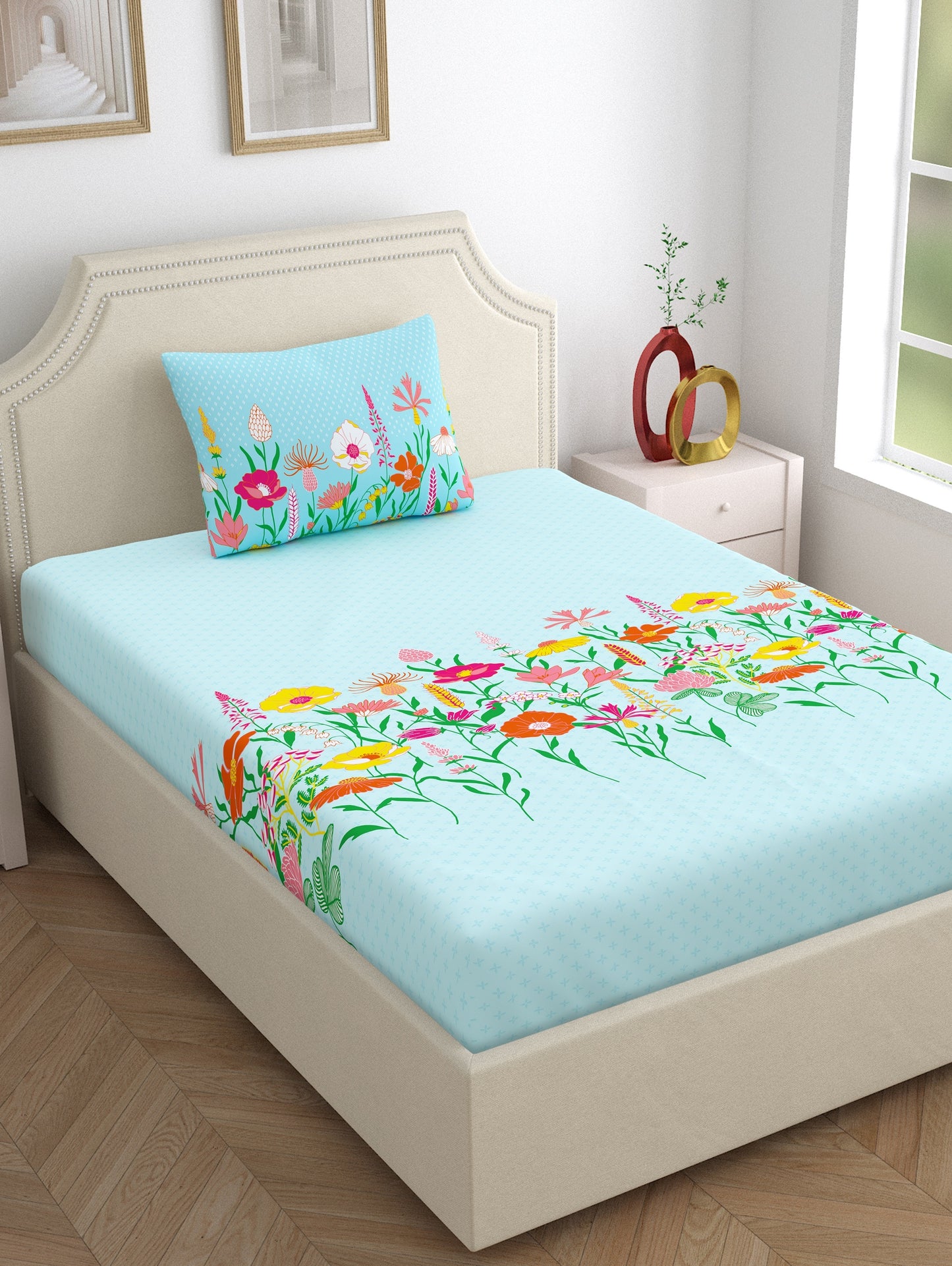 Home Ecstasy 100% Cotton Floral Bedsheet Set | 140 TC | Blue