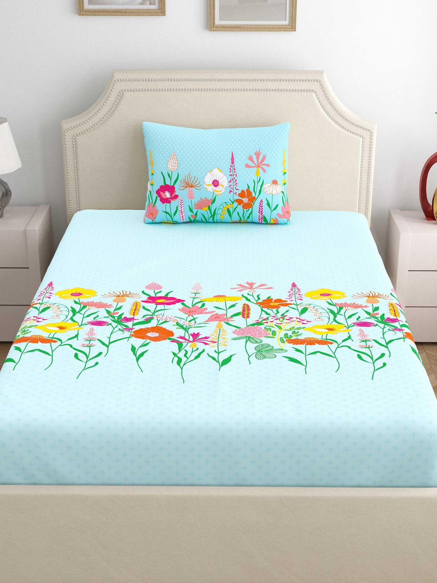 Home Ecstasy 100% Cotton Floral Bedsheet Set | 140 TC | Blue