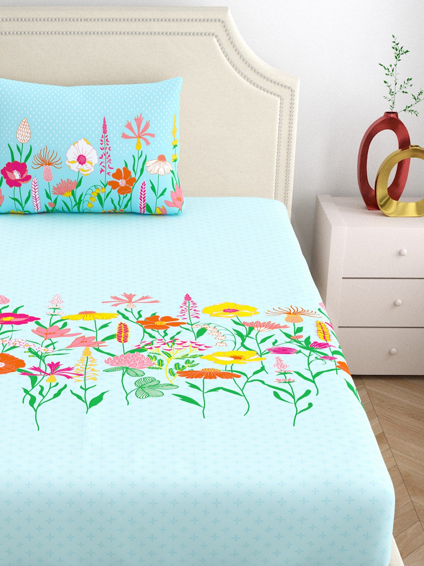 Home Ecstasy 100% Cotton Floral Bedsheet Set | 140 TC | Blue