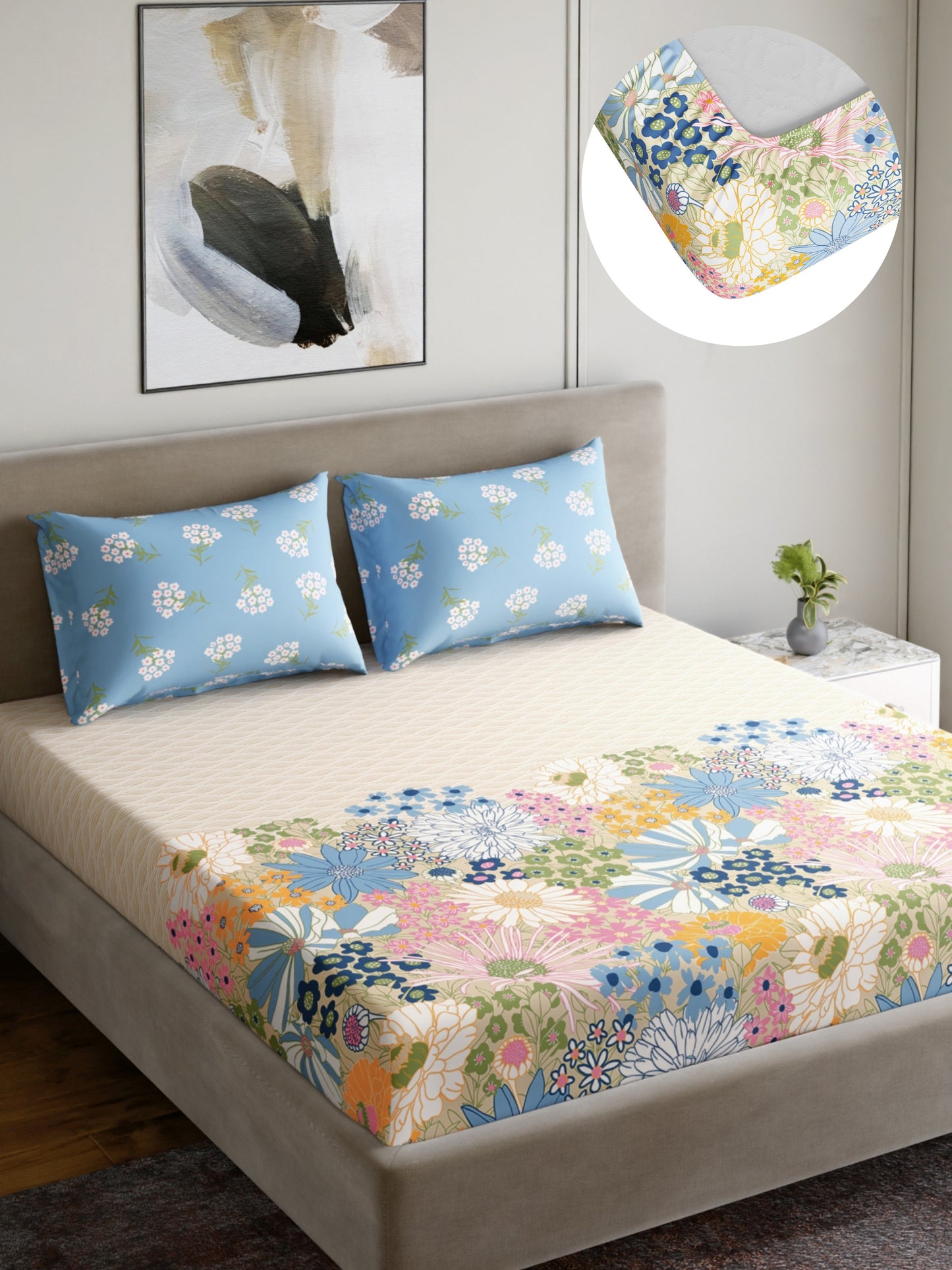 Home Ecstasy 100% Cotton 140 TC Floral Bedsheet Set - Colour: Light Blue