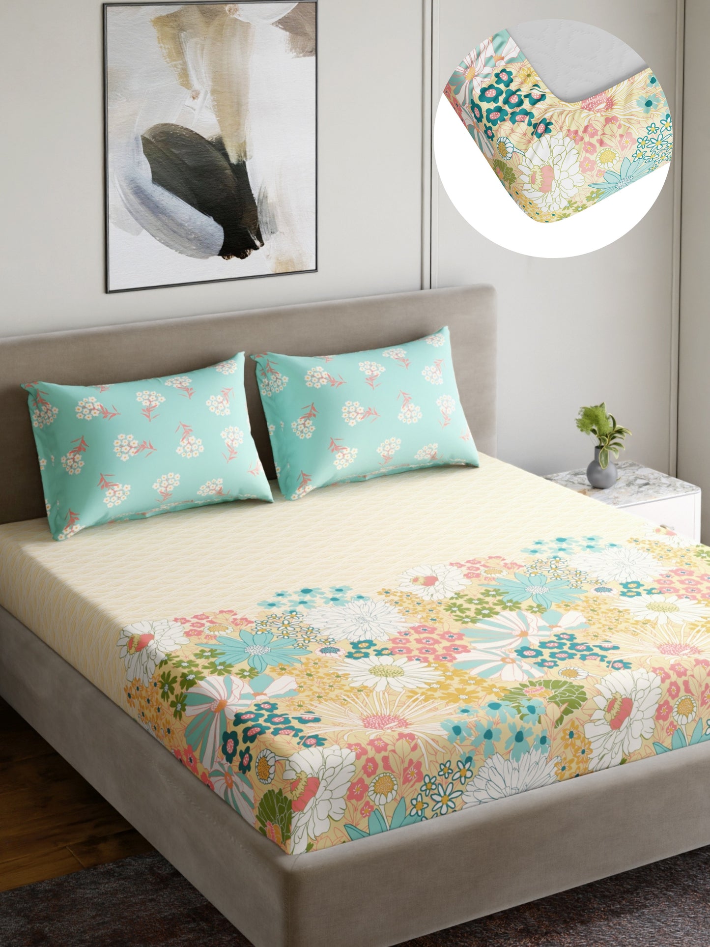 Home Ecstasy 100% Cotton 140 TC Floral Bedsheet Set - Colour: Mint