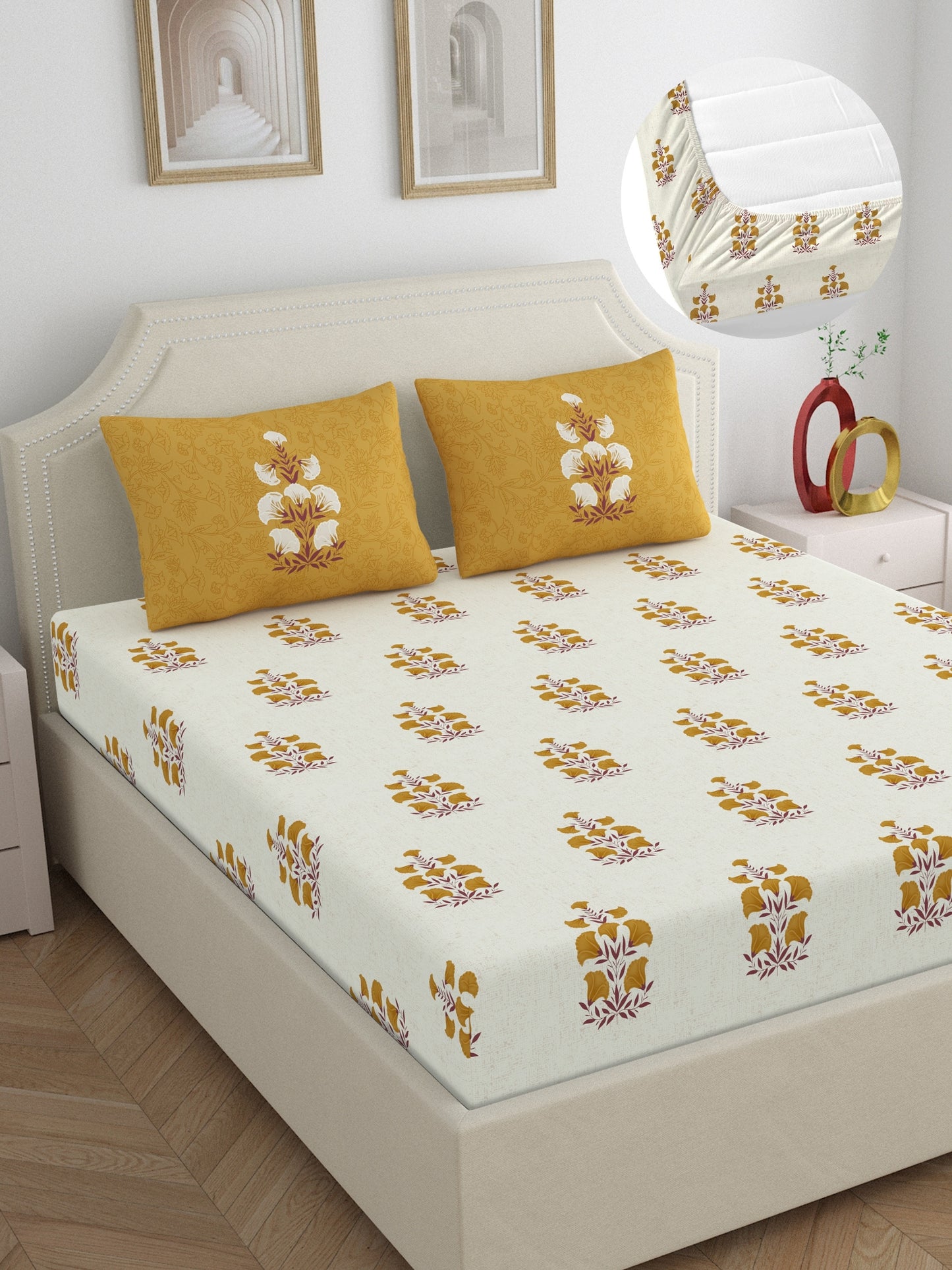 Home Ecstasy 100% Cotton Floral Bedsheet Set | 140 TC | Mustard