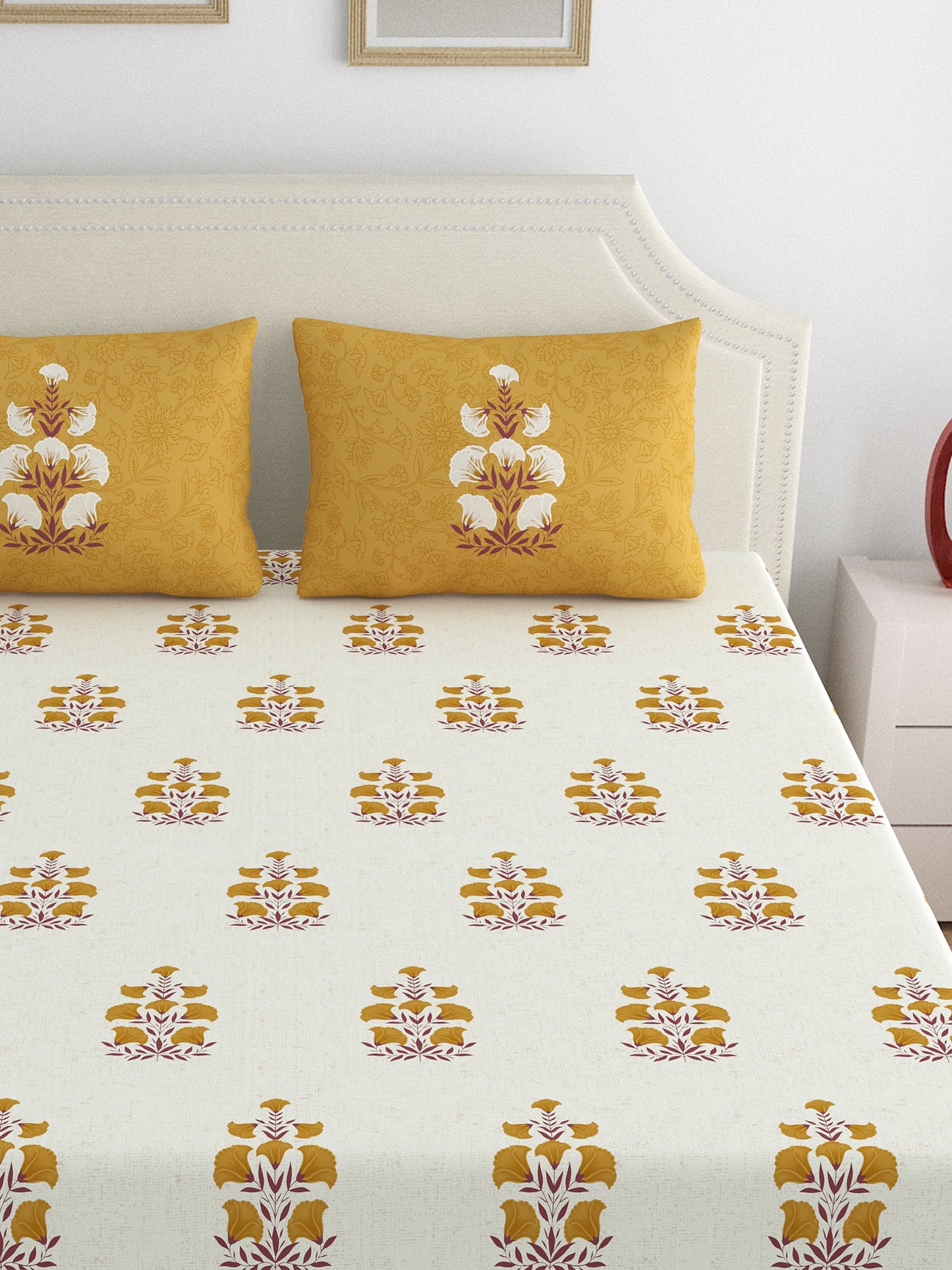 Home Ecstasy 100% Cotton Floral Bedsheet Set | 140 TC | Mustard