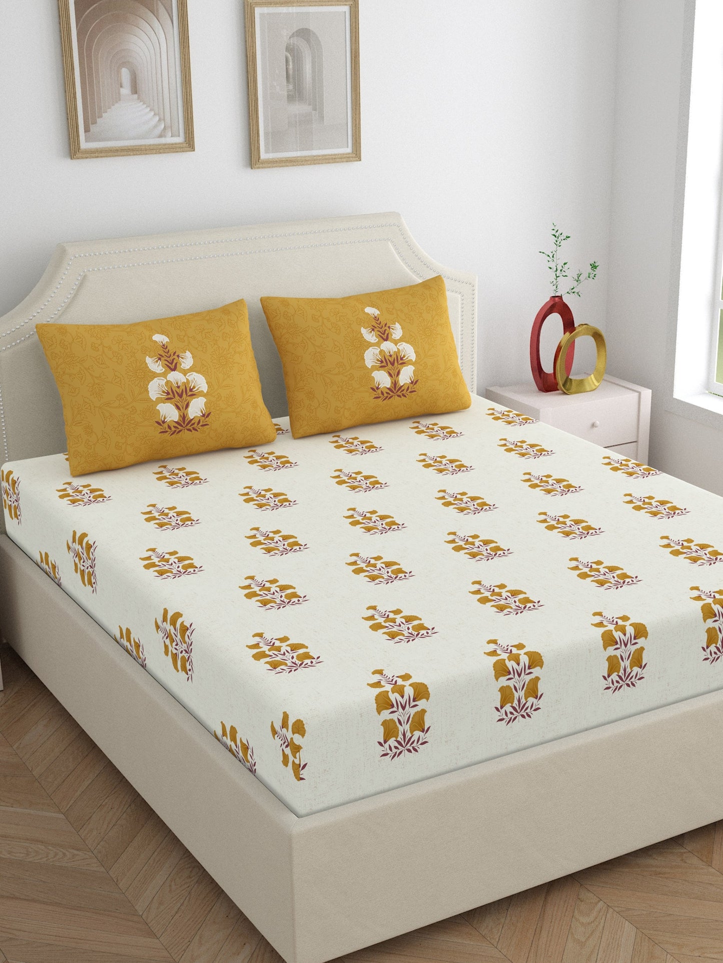 Home Ecstasy 100% Cotton Floral Bedsheet Set | 140 TC | Mustard