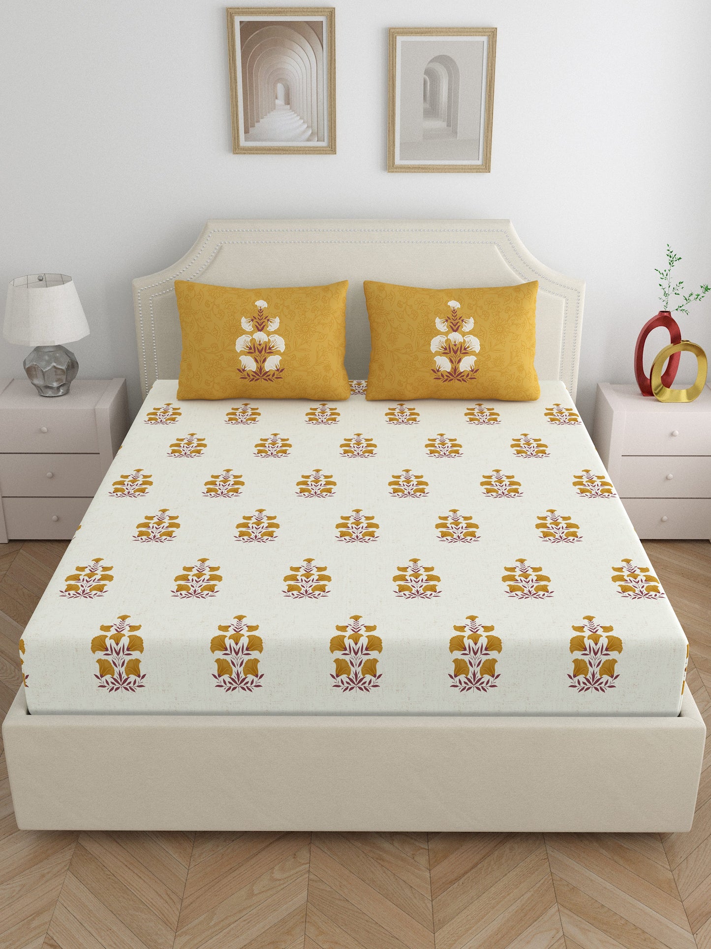 Home Ecstasy 100% Cotton Floral Bedsheet Set | 140 TC | Mustard