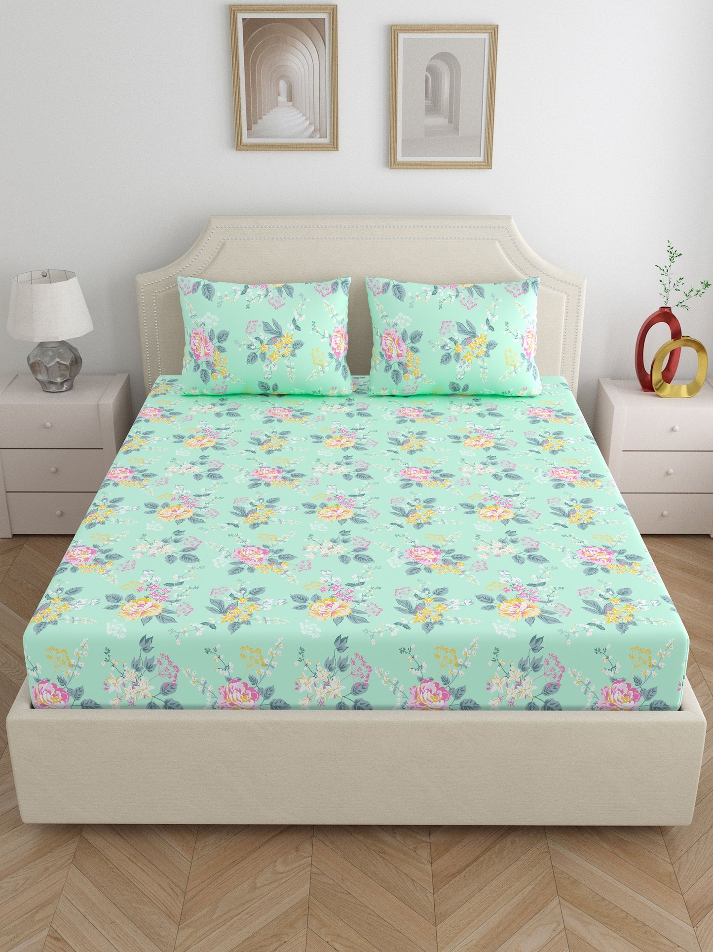 Home Ecstasy 100% Cotton Floral Bedsheet Set | 140 TC | Seagreen