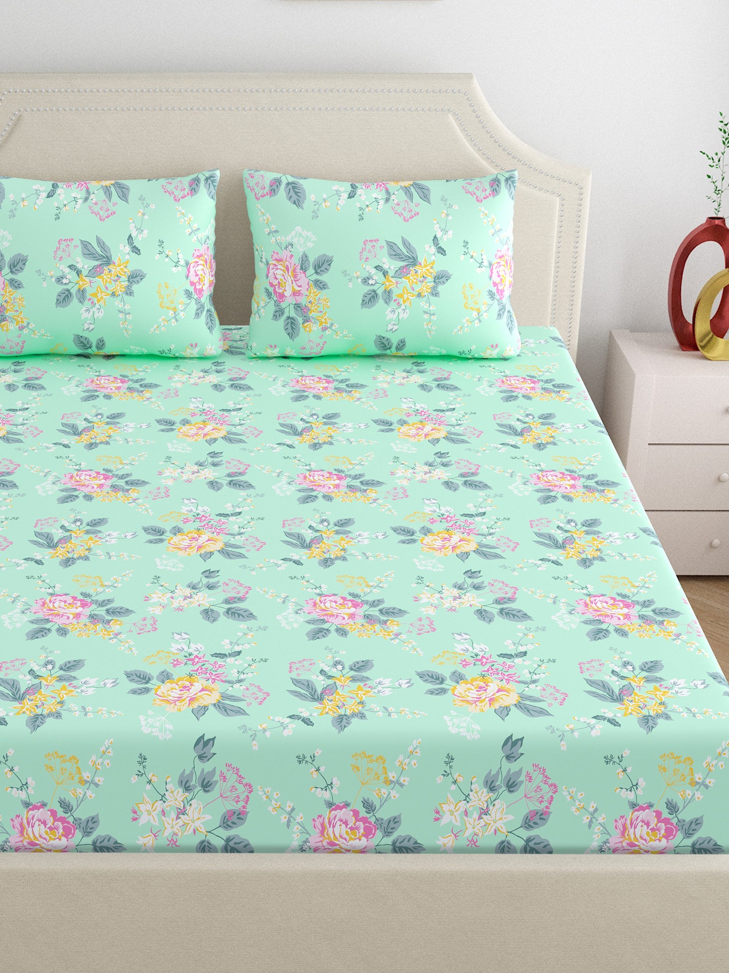 Home Ecstasy 100% Cotton Floral Bedsheet Set | 140 TC | Seagreen