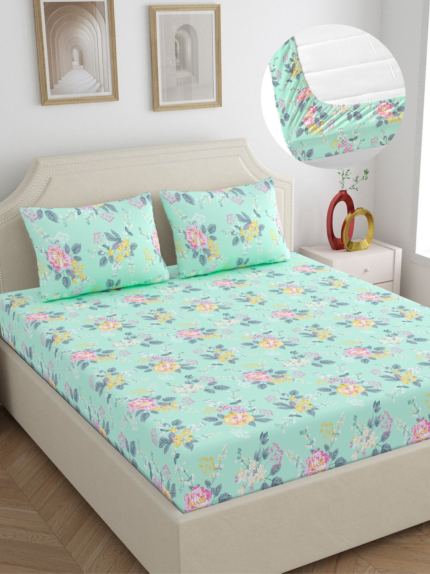 Home Ecstasy 100% Cotton Floral Bedsheet Set | 140 TC | Seagreen