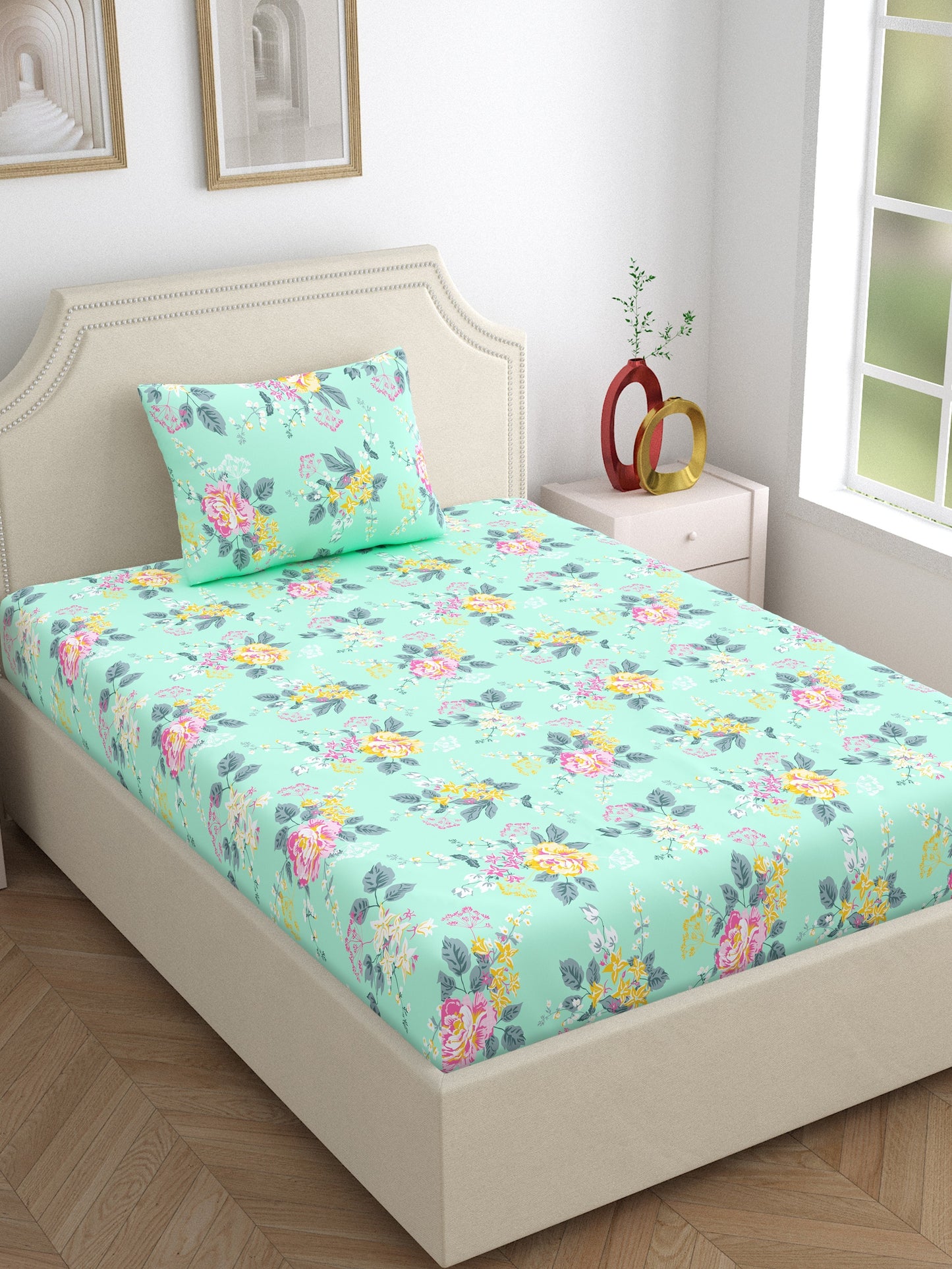 Home Ecstasy 100% Cotton Floral Bedsheet Set | 140 TC | Seagreen