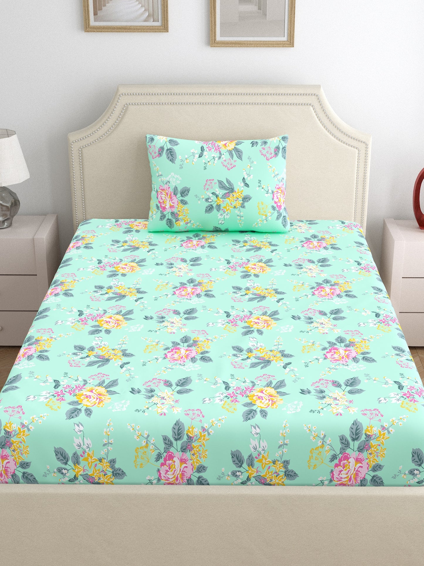Home Ecstasy 100% Cotton Floral Bedsheet Set | 140 TC | Seagreen