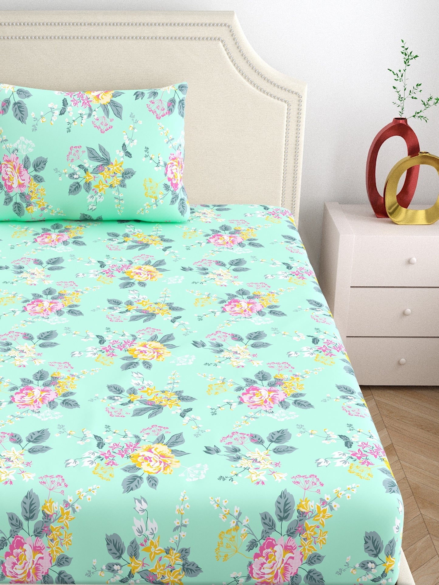 Home Ecstasy 100% Cotton Floral Bedsheet Set | 140 TC | Seagreen