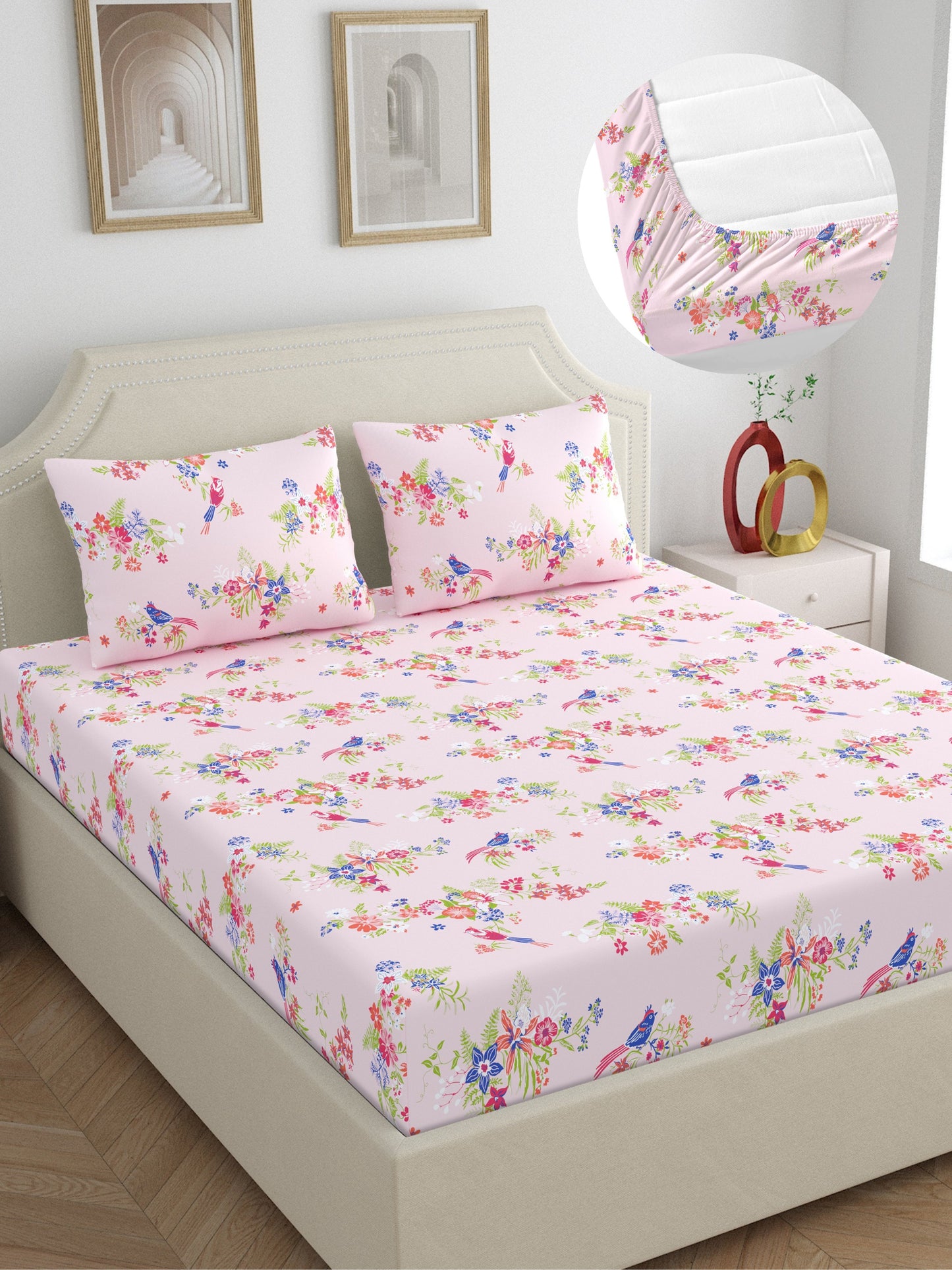 Home Ecstasy 100% Cotton Floral Bedsheet Set | 140 TC | Pink