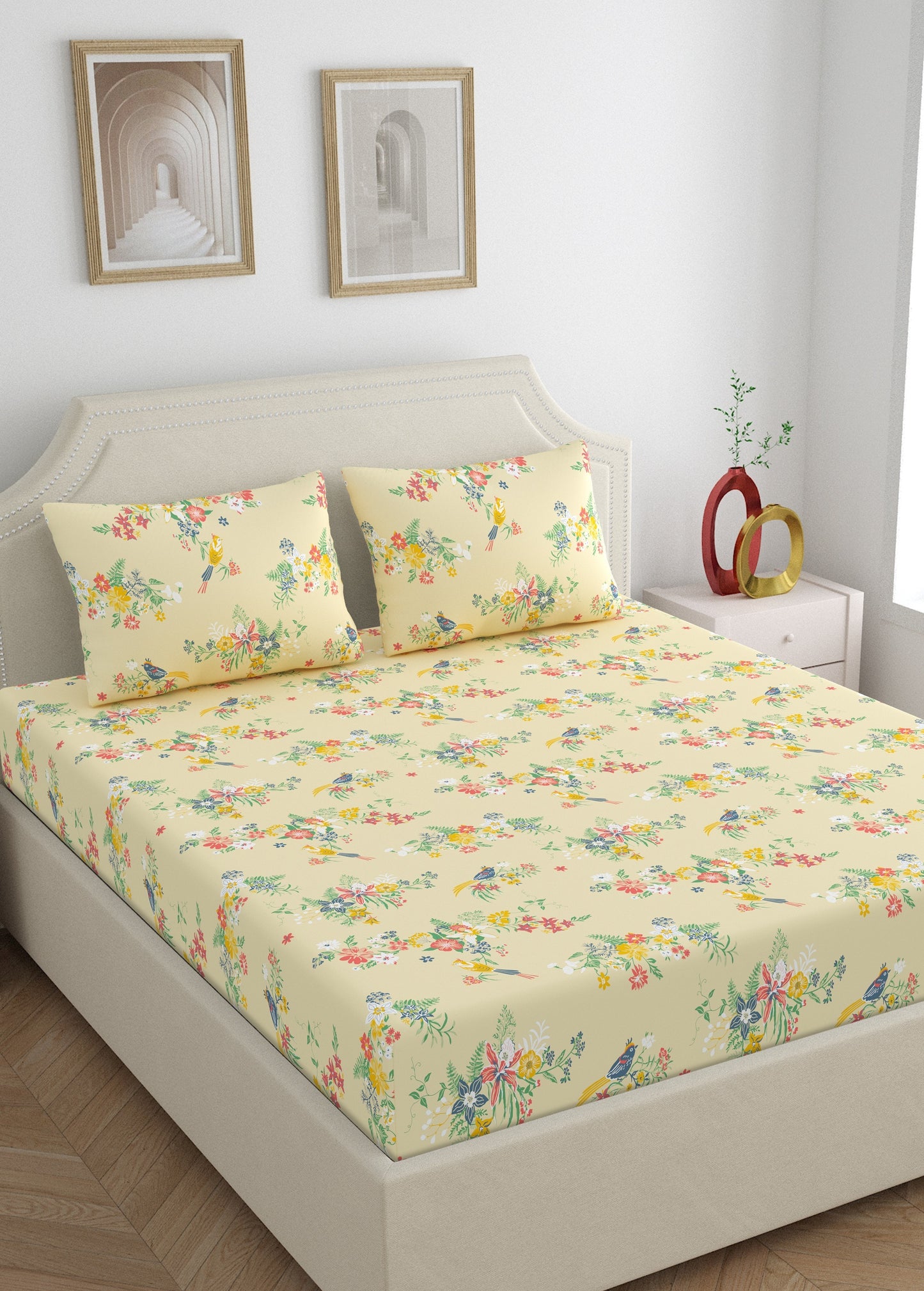Home Ecstasy 100% Cotton Floral Bedsheet Set | 140 TC | Beige