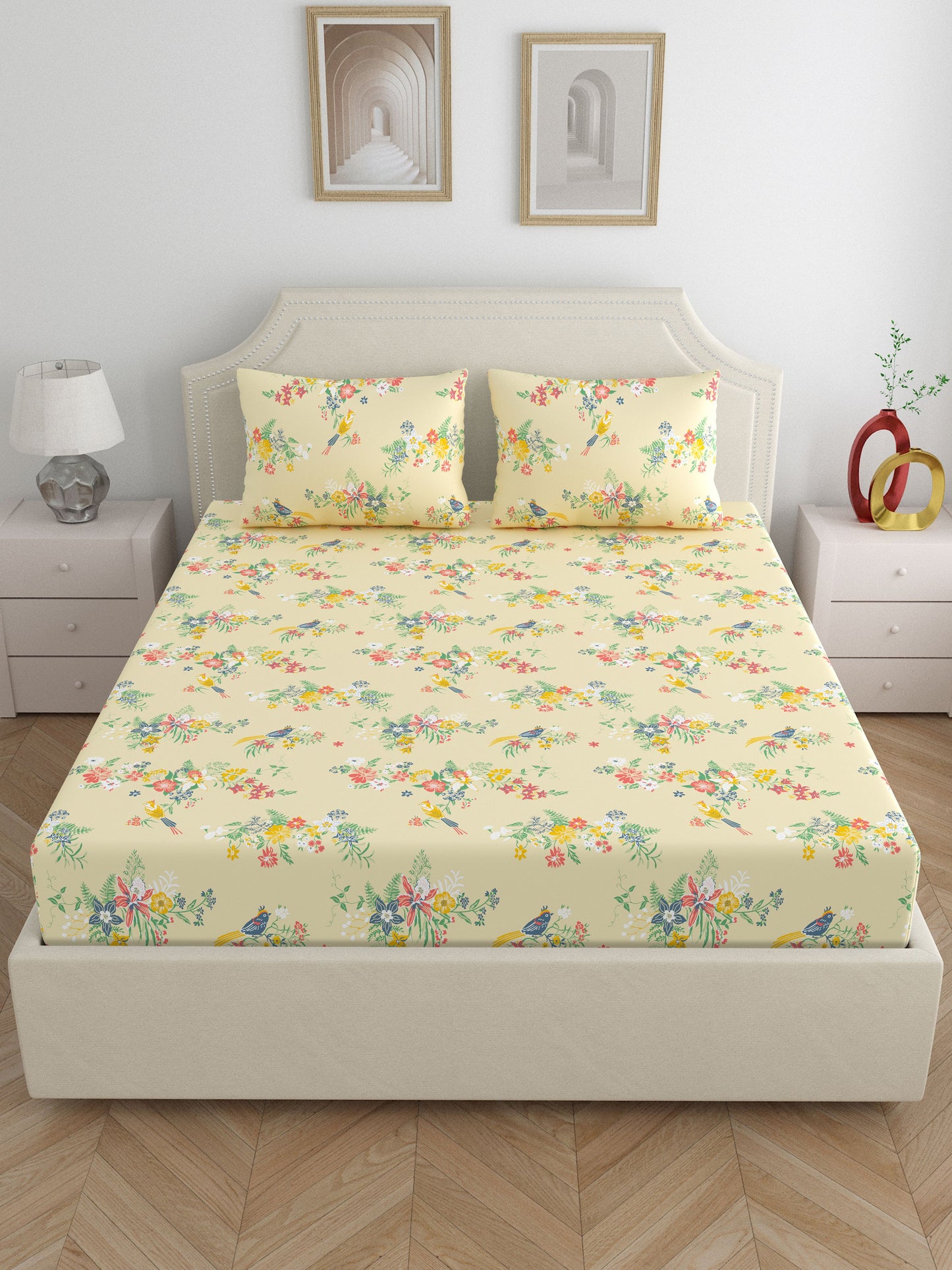 Home Ecstasy 100% Cotton Floral Bedsheet Set | 140 TC | Beige