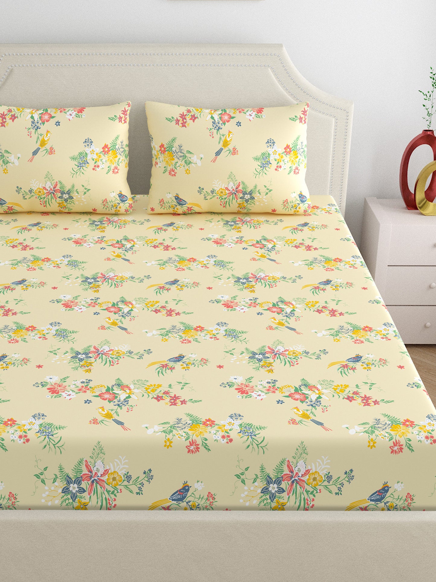 Home Ecstasy 100% Cotton Floral Bedsheet Set | 140 TC | Beige